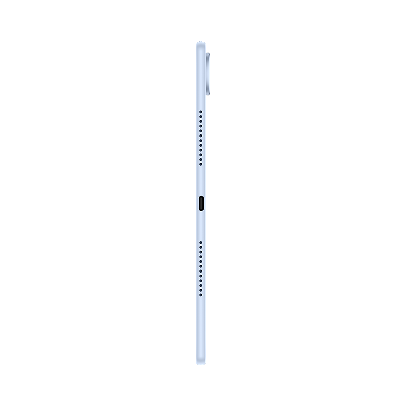 Siyah arka planda USB-C bağlantı noktası ve hoparlörleri olan ince, açık mavi bir tabletin yandan görünümü.