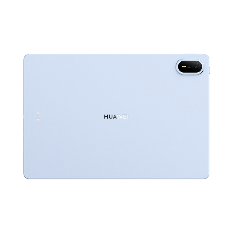 Sağ üst köşesinde kamera ve ortasında Huawei logosu bulunan açık mavi Huawei tabletin arkası.