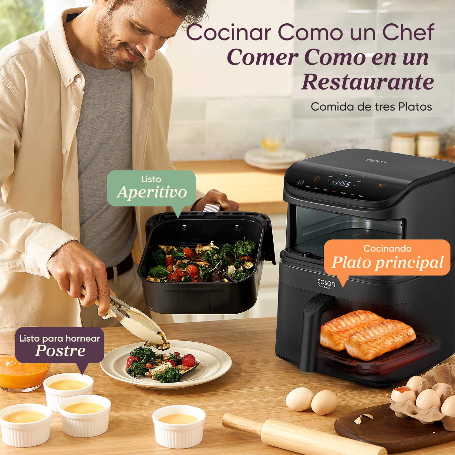 Cocinar como un chef. Comer como en un restaurante. Comida de tres platos. Listo aperitivo. Listo para hornear postre. Cocinando plato principal.