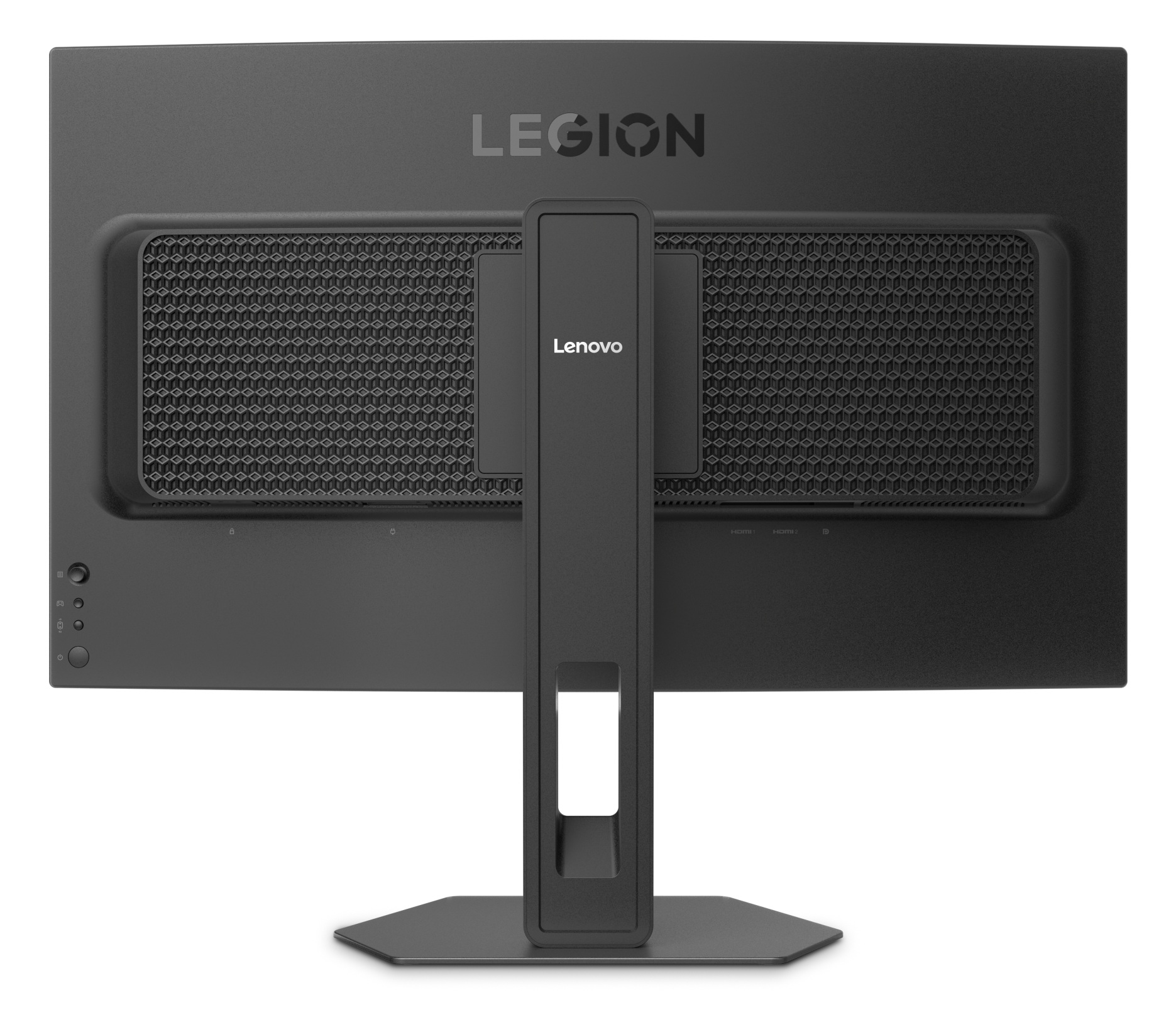 Tył czarnego monitora Lenovo Legion ze stojakiem, wzorem siatki i logo marki.