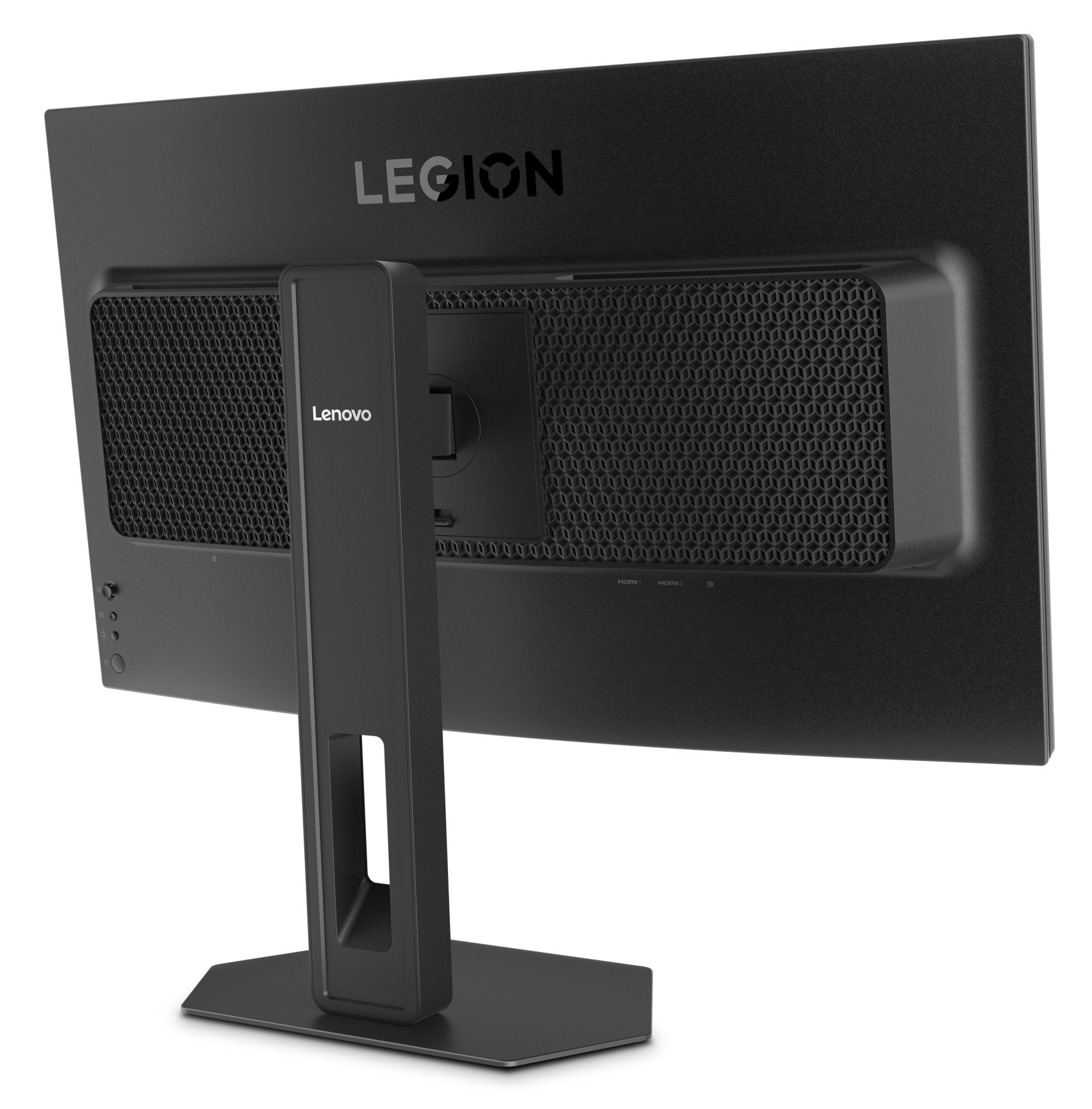 Tył czarnego monitora Lenovo Legion z podstawą na białym tle.