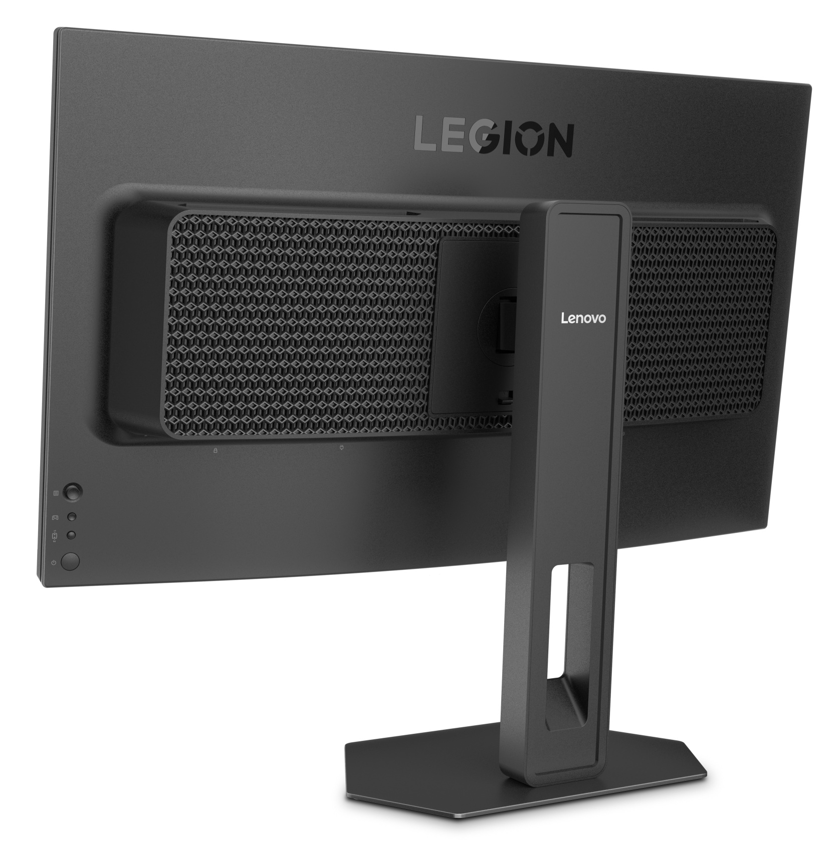 Widok z tyłu czarnego monitora Lenovo Legion z podstawą i wzorem plaster miodu na białym tle.