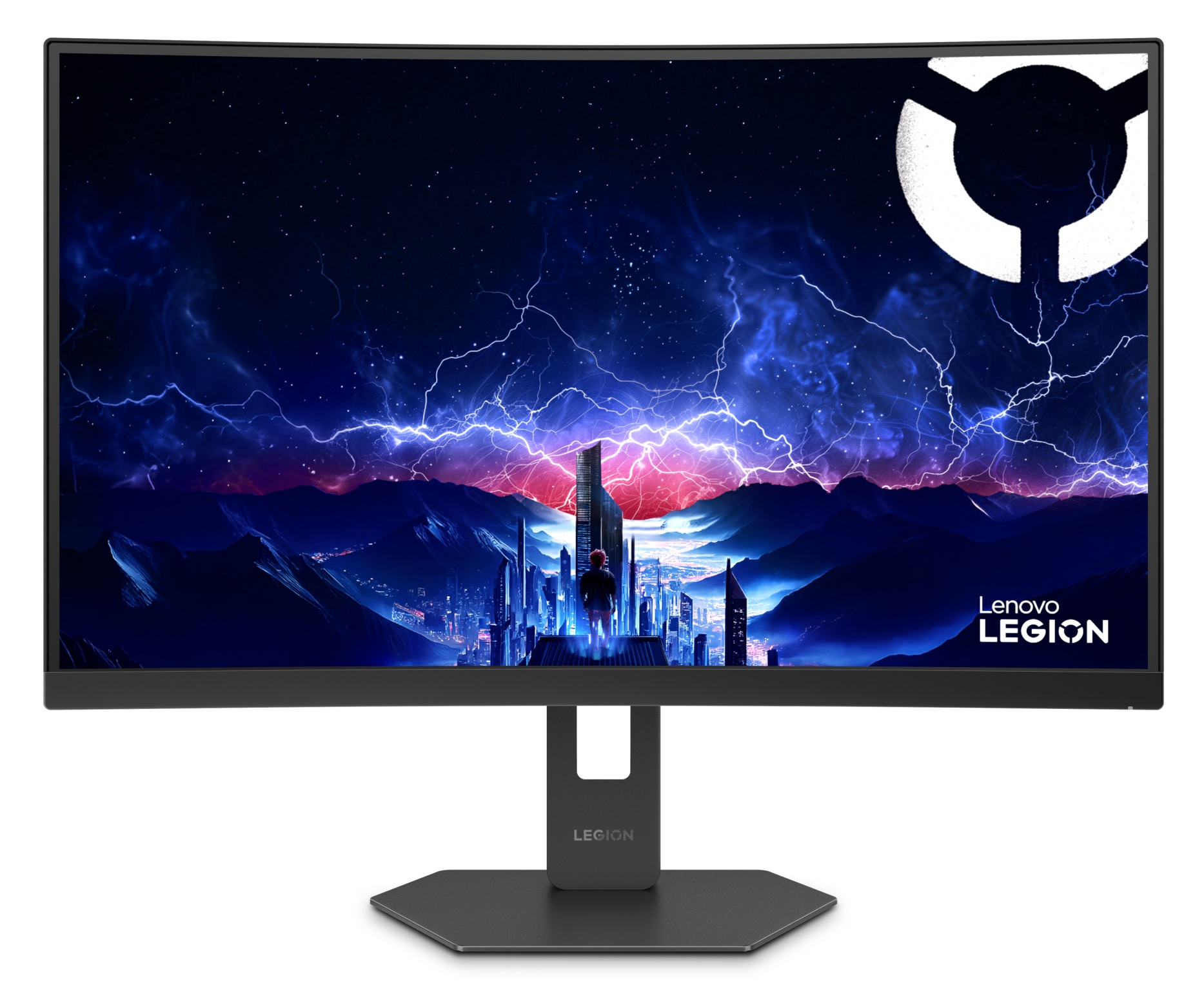 Zakrzywiony monitor Lenovo Legion z tapetą przedstawiającą futurystyczne miasto, góry i błyskawice.
