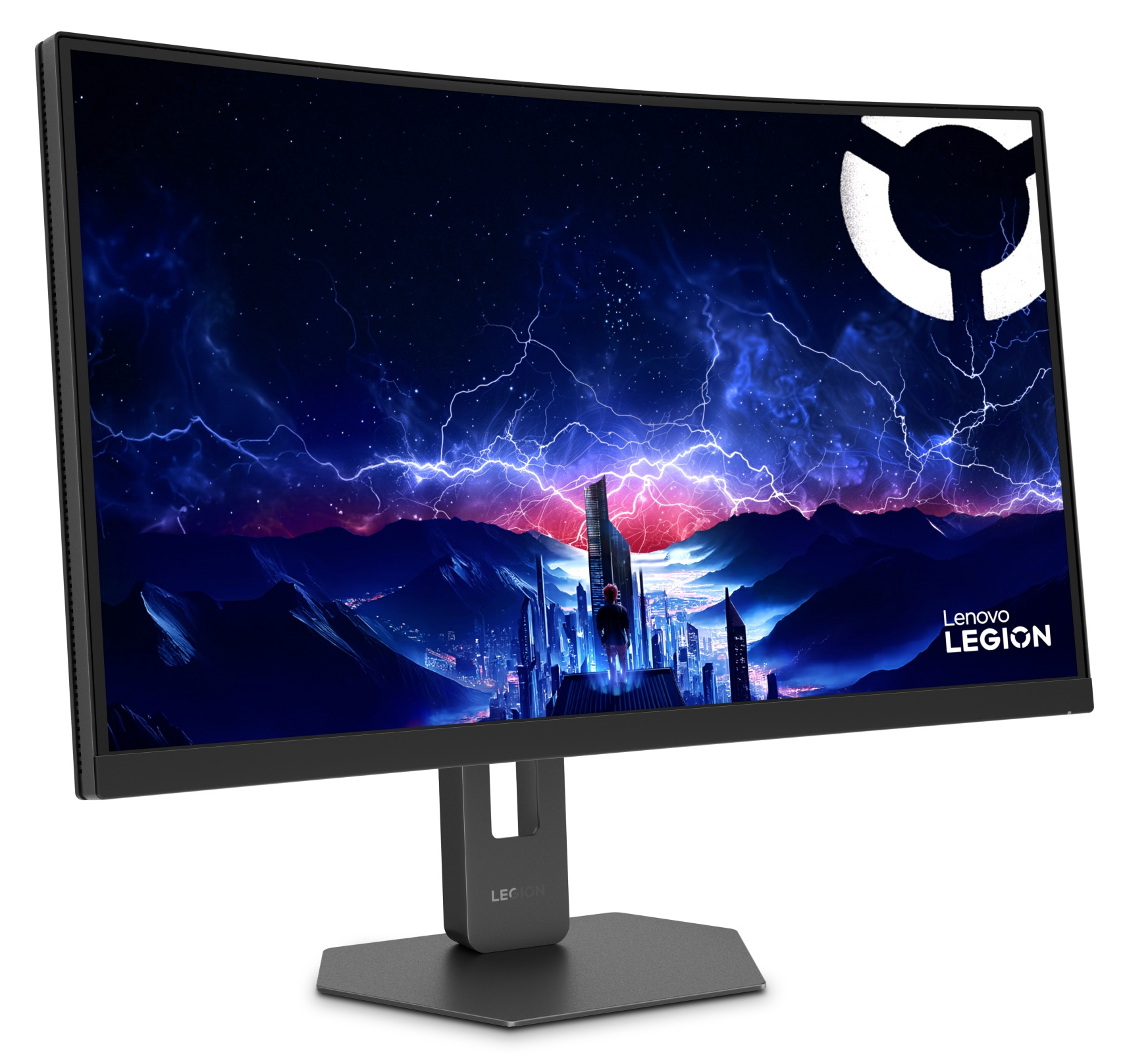 Czarny, zakrzywiony monitor Lenovo Legion wyświetlający fantastyczny pejzaż miejski z błyskawicami i świecącym logo.