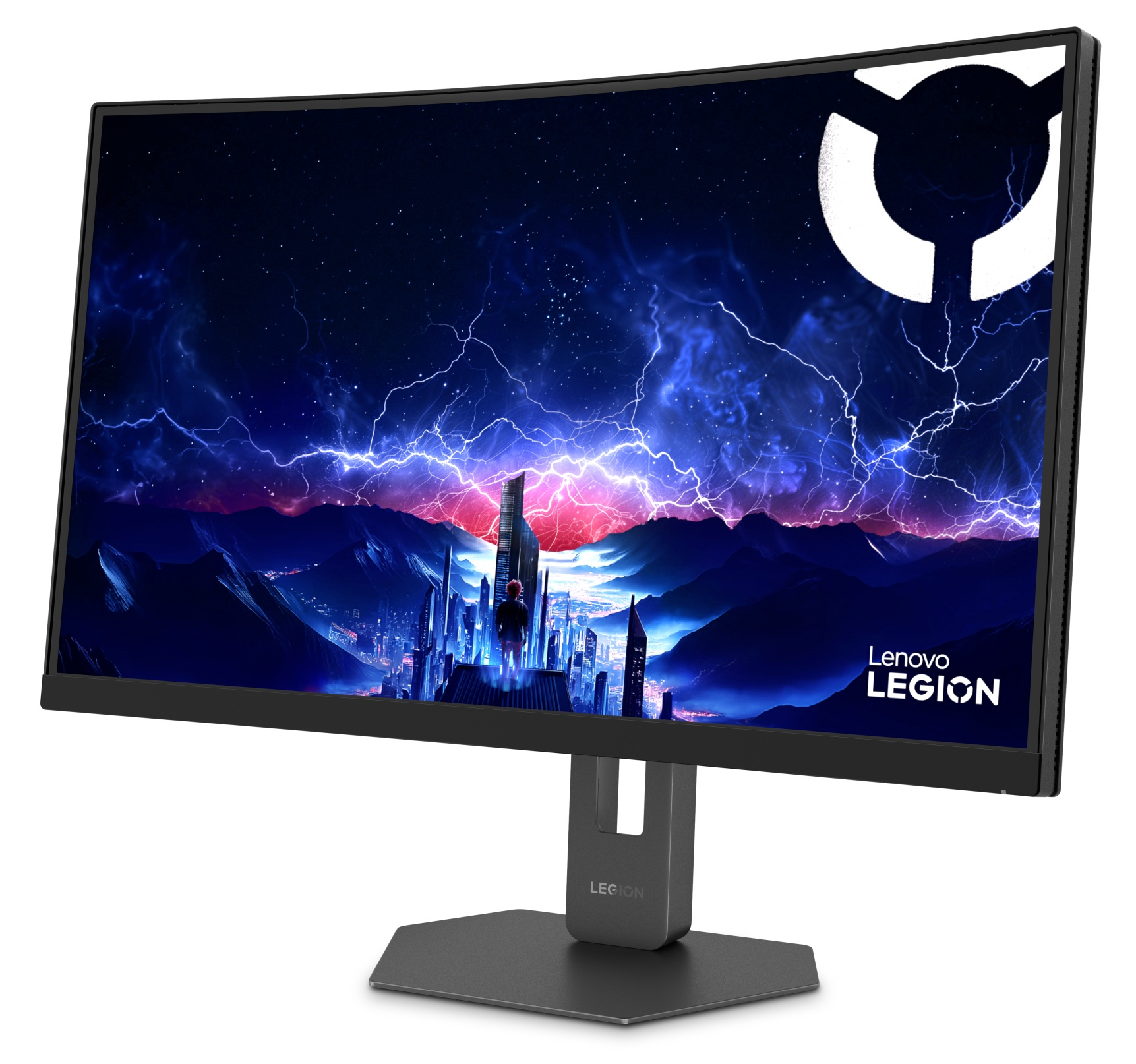 Czarny zakrzywiony monitor gamingowy Lenovo Legion z futurystycznym miastem, niebieskimi błyskawicami i logo.