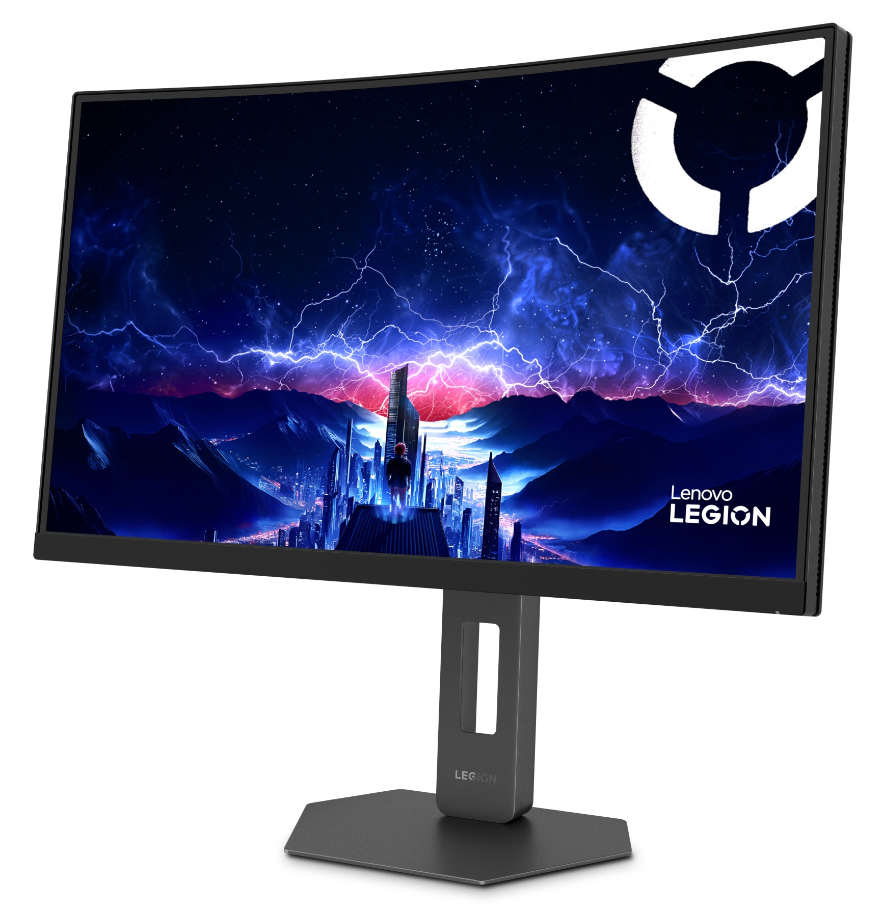 Monitor dla graczy Lenovo Legion z futurystyczną tapetą miasta z błyskawicami.