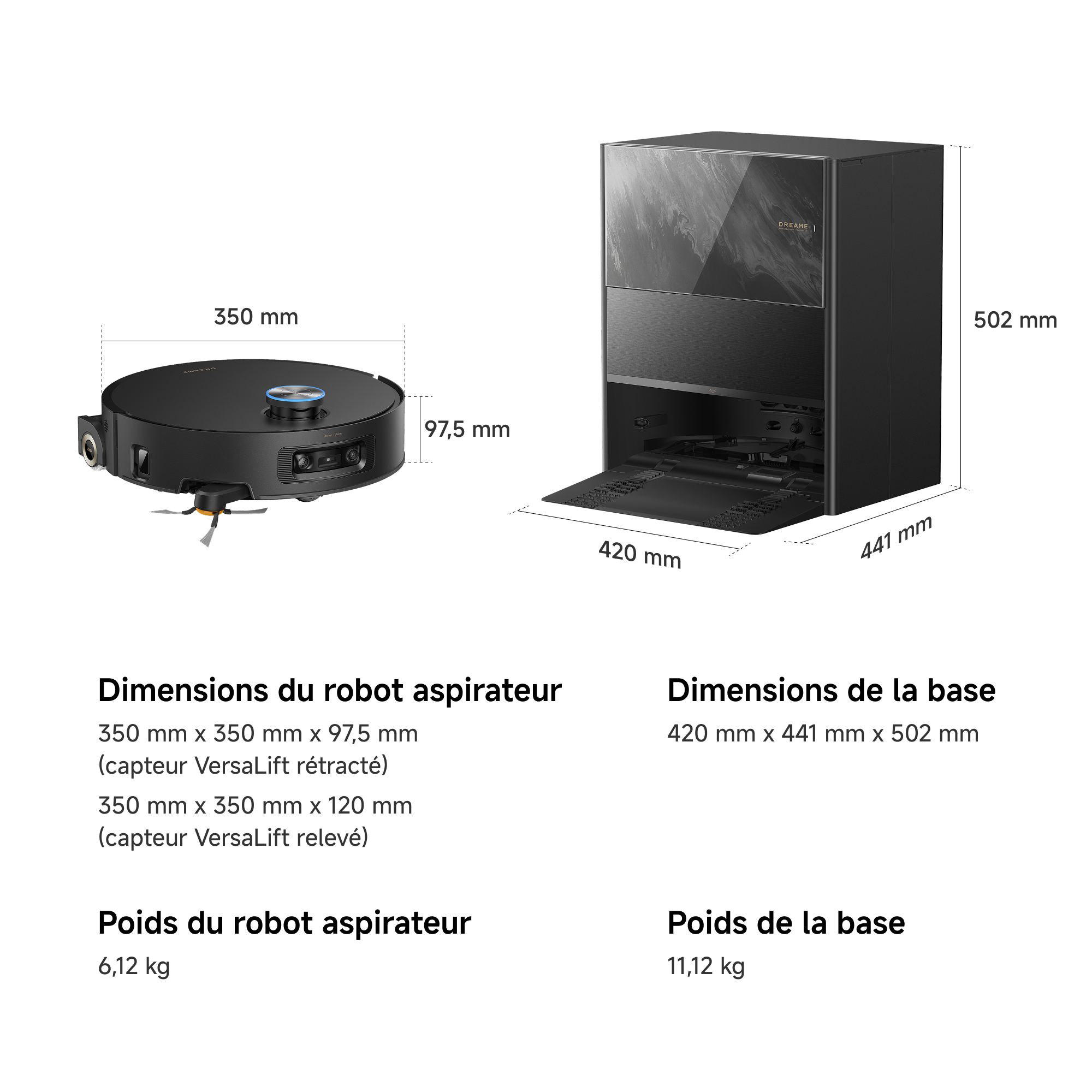 Schéma technique indiquant les dimensions et le poids d'un robot aspirateur et de sa base.