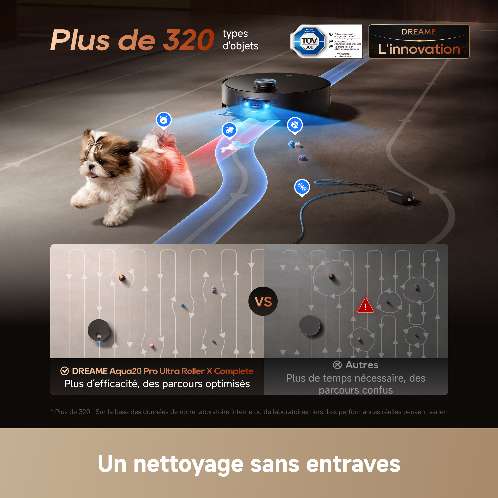 Un robot aspirateur contourne avec précision les animaux et les obstacles.