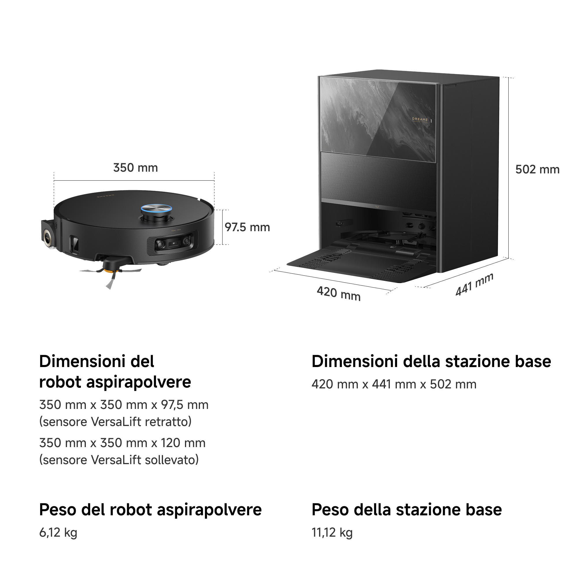 Schema tecnico con dimensioni e peso di un robot aspirapolvere e della base.