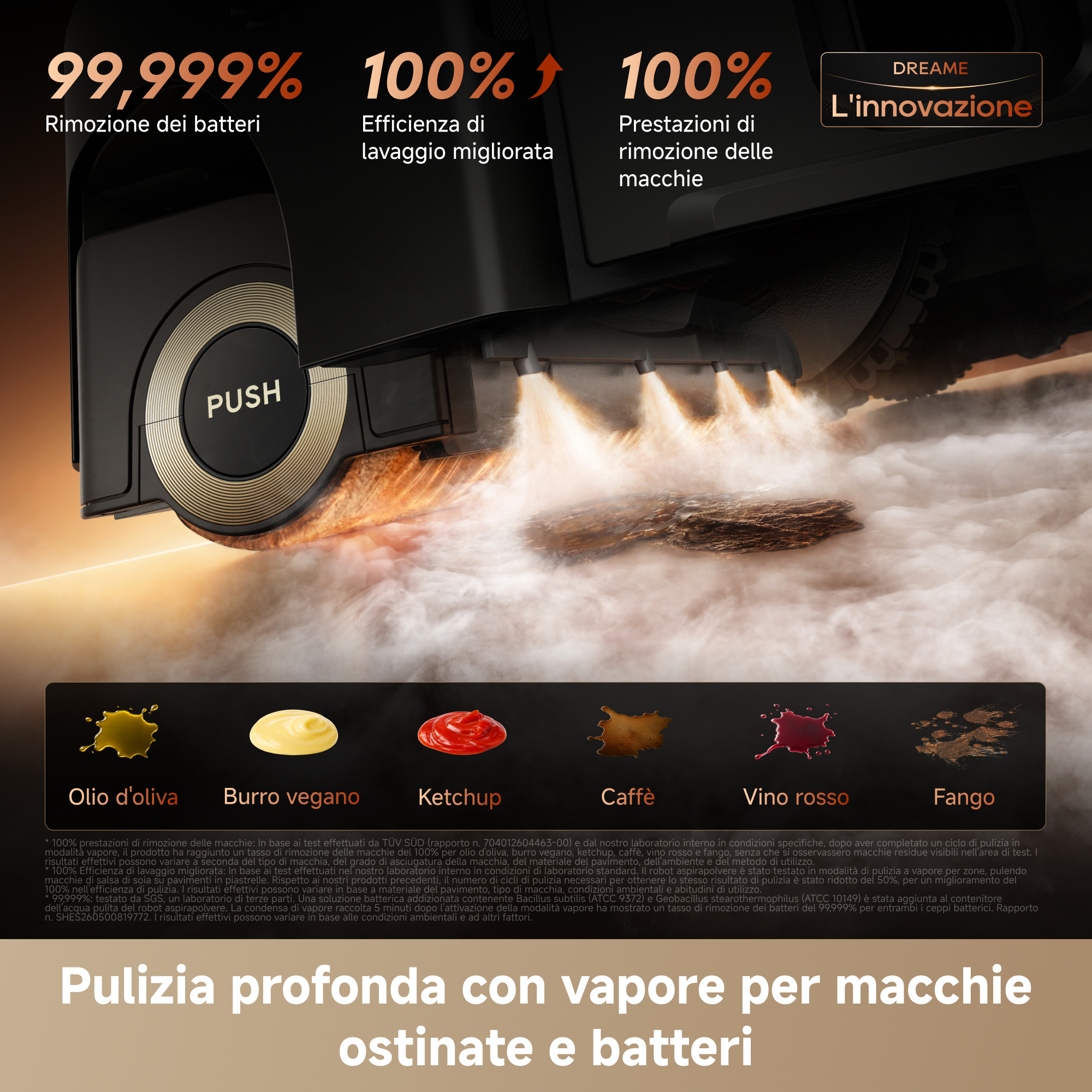 Un dispositivo di pulizia spruzza vapore sulle macchie; il testo promuove pulizia profonda e rimozione batteri.