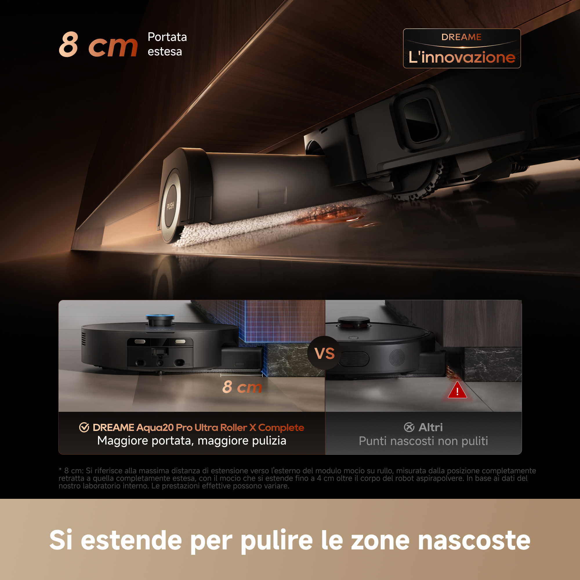 Un robot aspirapolvere con mocio a rullo estensibile pulisce sotto i mobili.