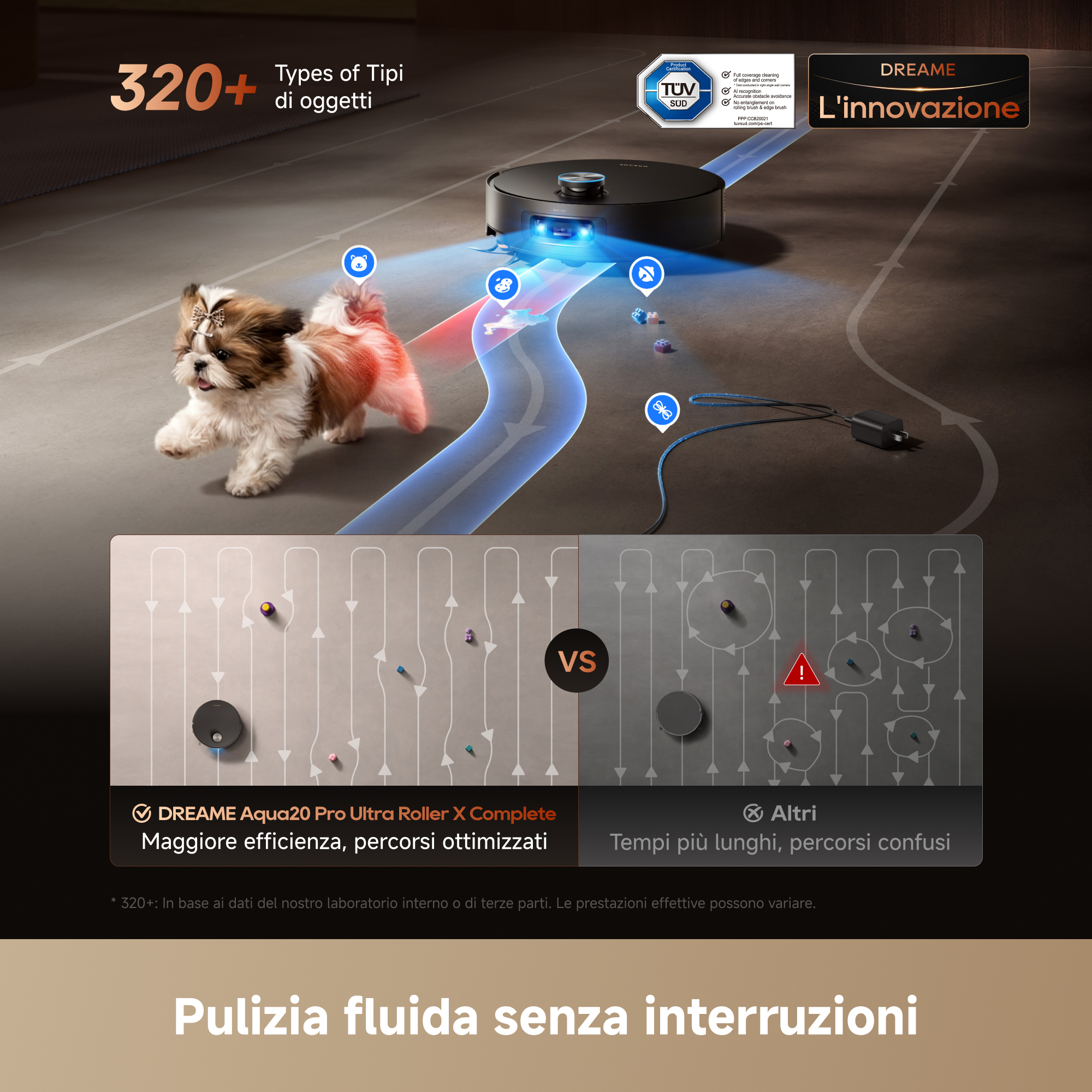 Robot aspirapolvere aggira un cucciolo e cavi, confrontando percorsi efficienti con quelli convenzionali.