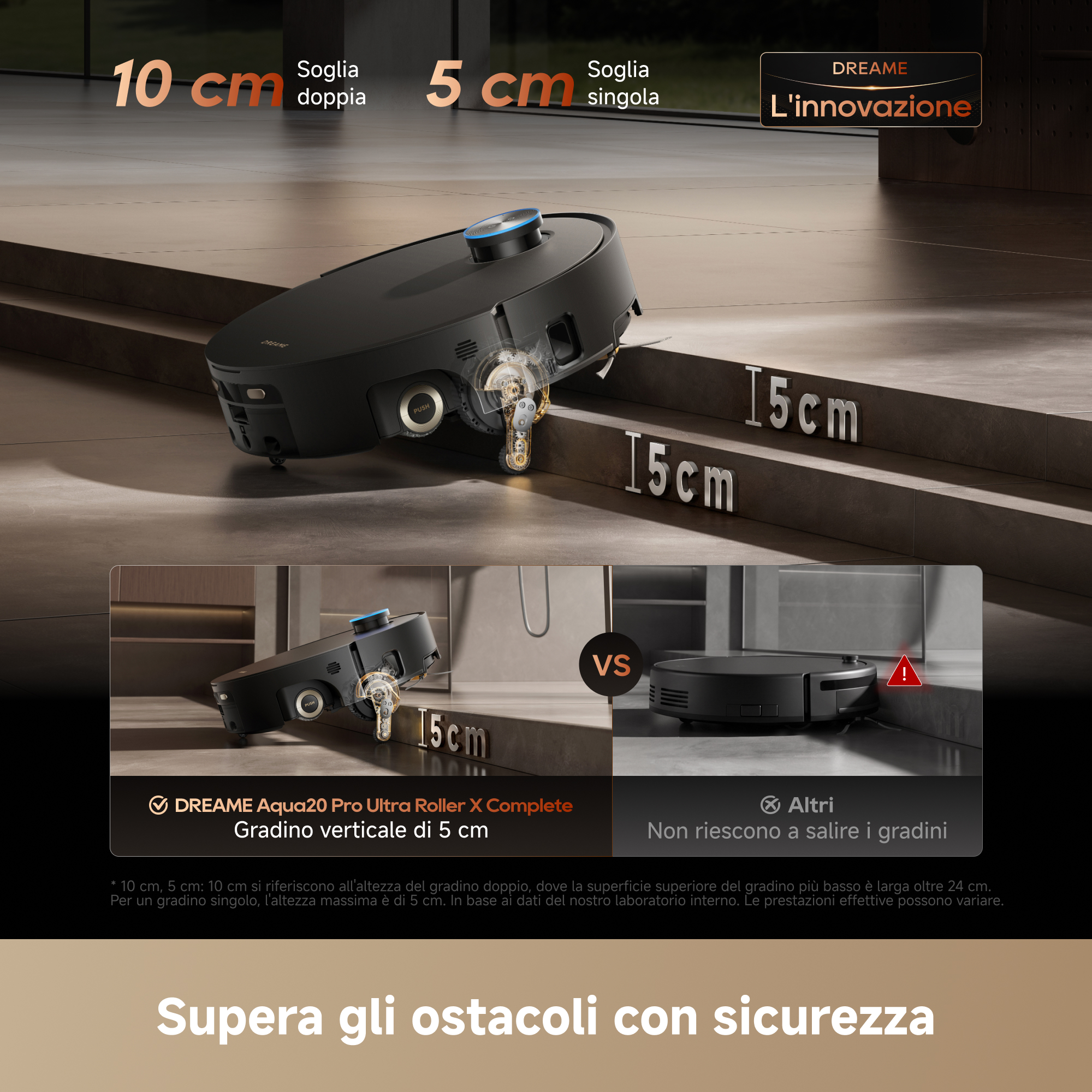Un robot aspirapolvere nero sale gradini, mostrando altezze e un confronto.