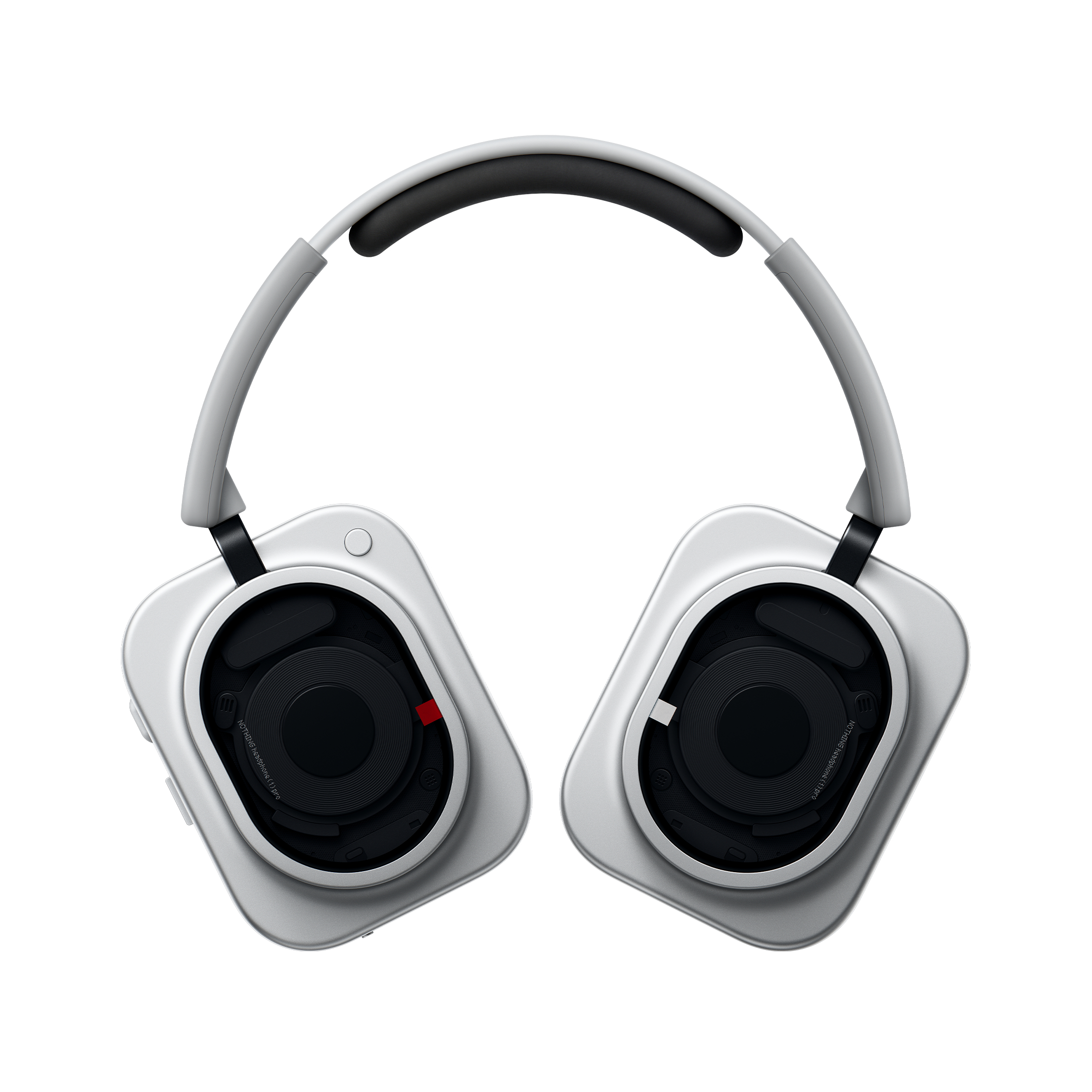 Moderne graue und schwarze Over-Ear-Kopfhörer mit quadratischen Ohrmuscheln auf weißem Hintergrund.