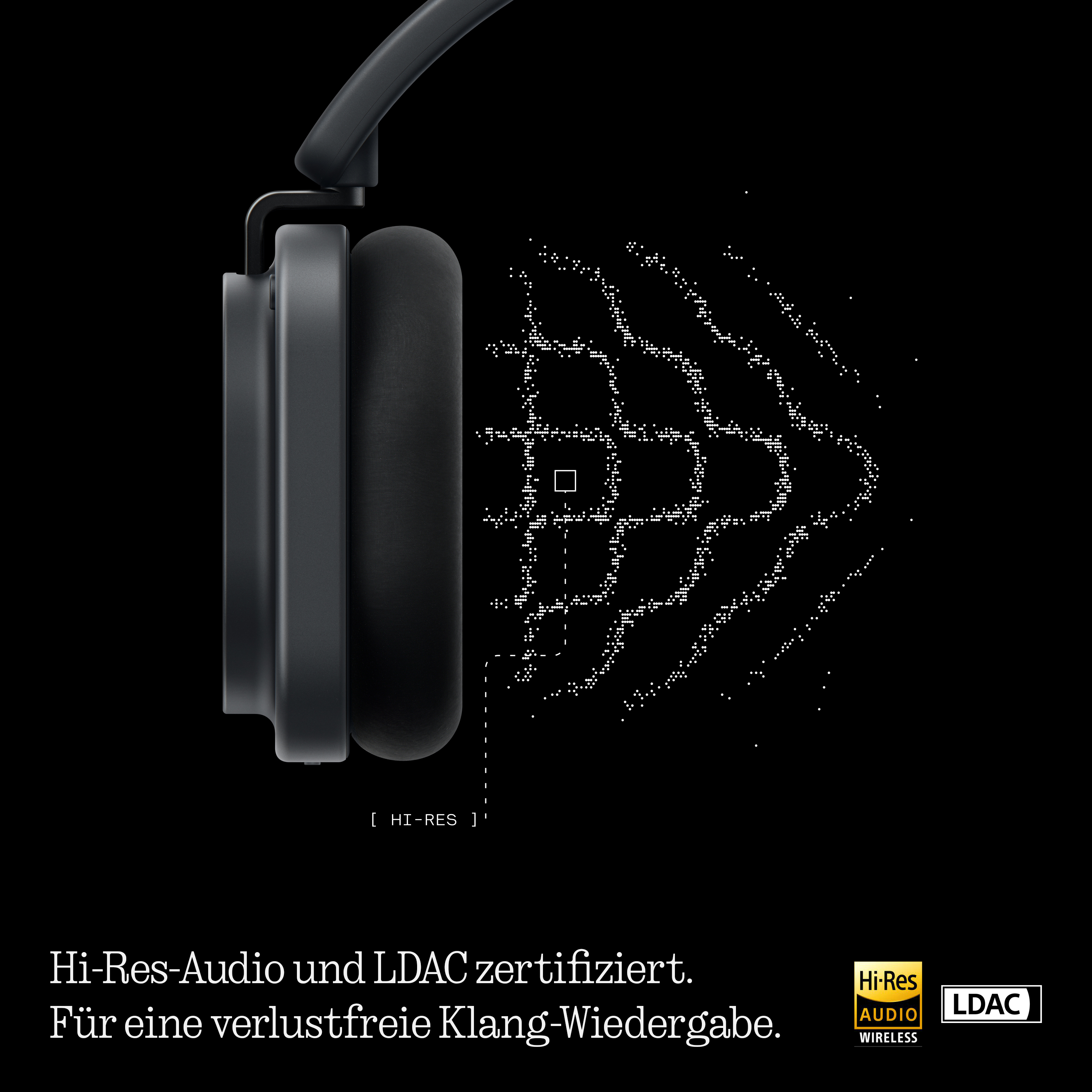 Schwarze Over-Ear-Kopfhörer vor schwarzem Hintergrund mit grafischen Klangwellen und Hi-Res-Audio- und LDAC-Logos.