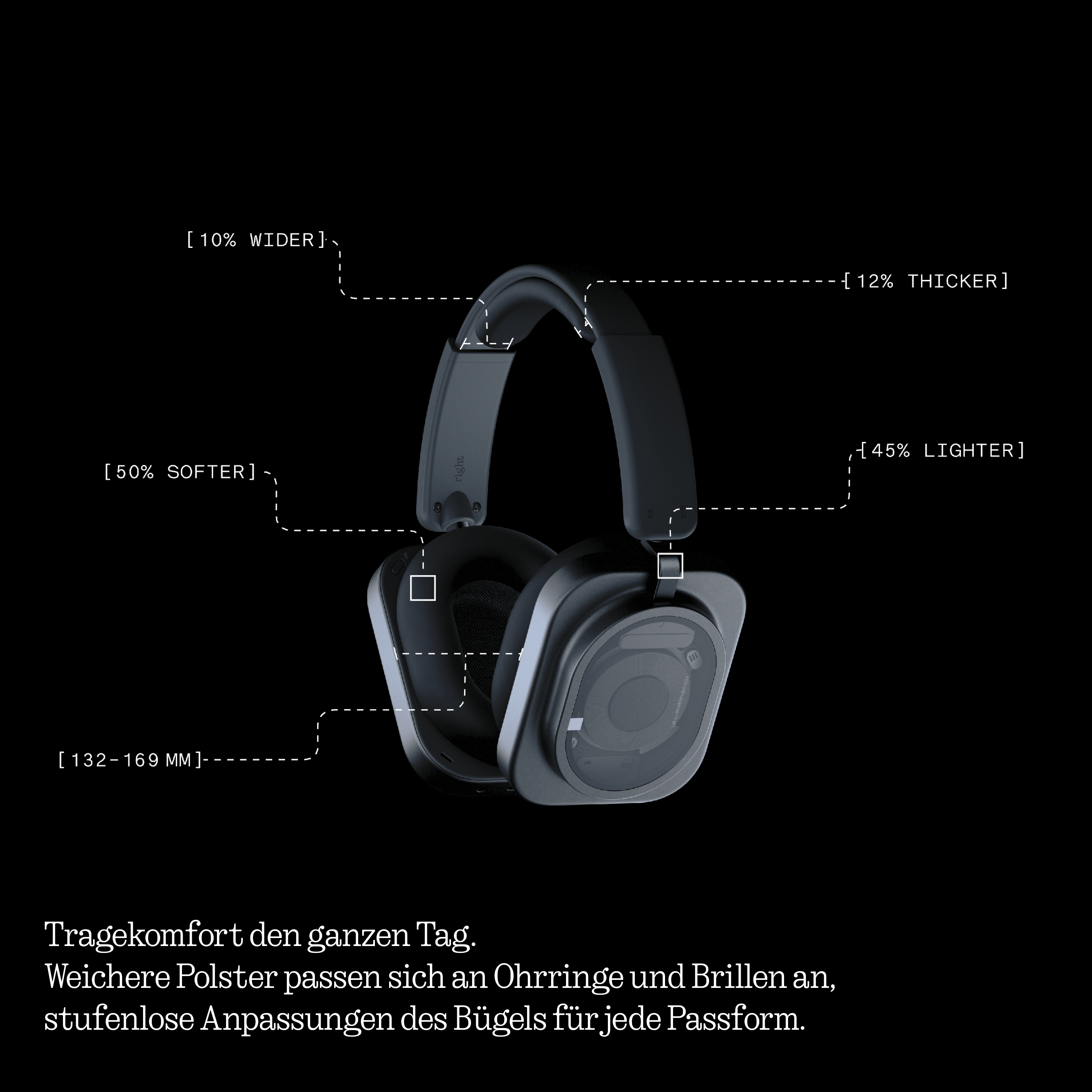 Schwarze Over-Ear-Kopfhörer mit Maßangaben und Text zu Tragekomfort auf schwarzem Hintergrund.