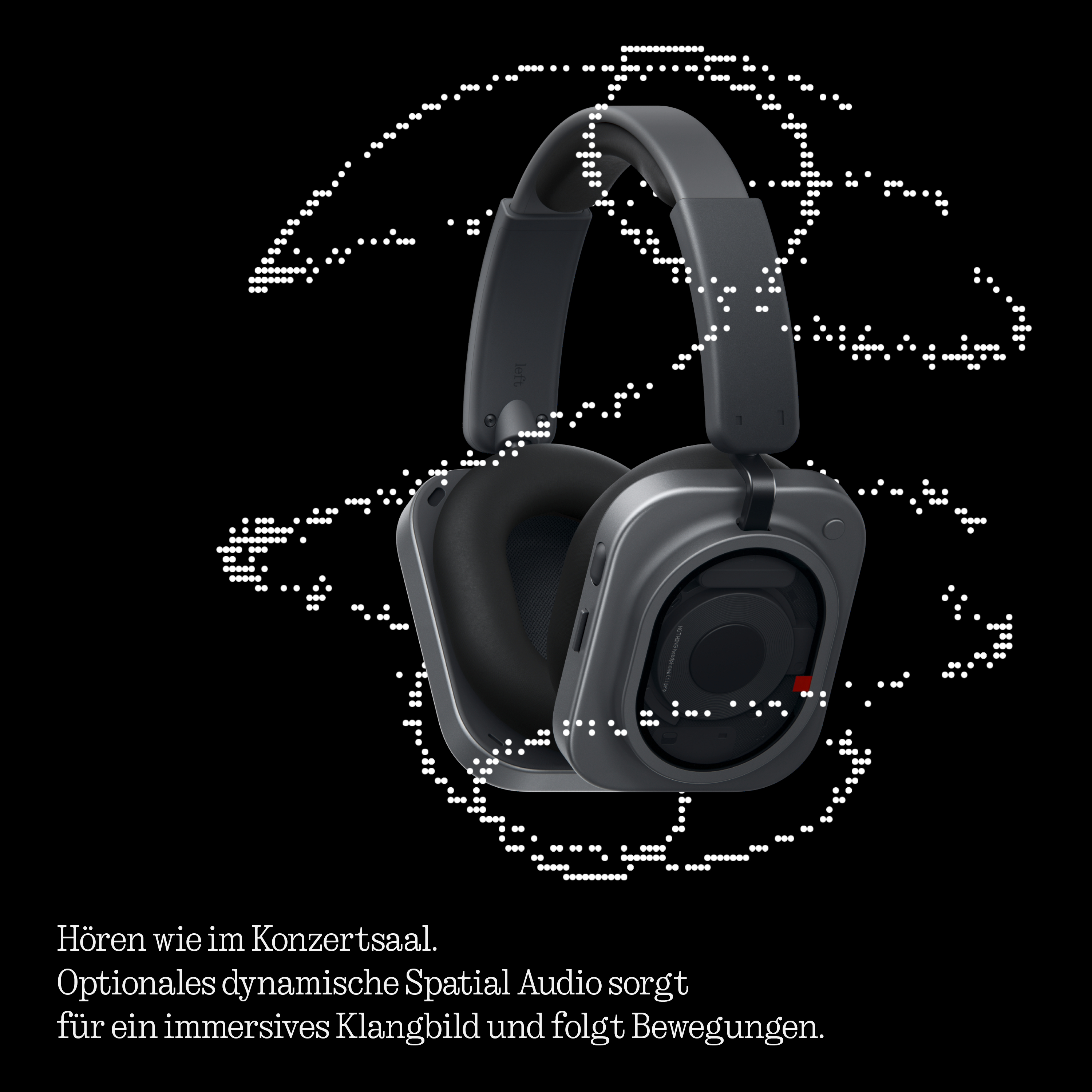 Dunkle Over-Ear-Kopfhörer mit umgebenden weißen Punktmustern und deutschem Text auf schwarzem Hintergrund.