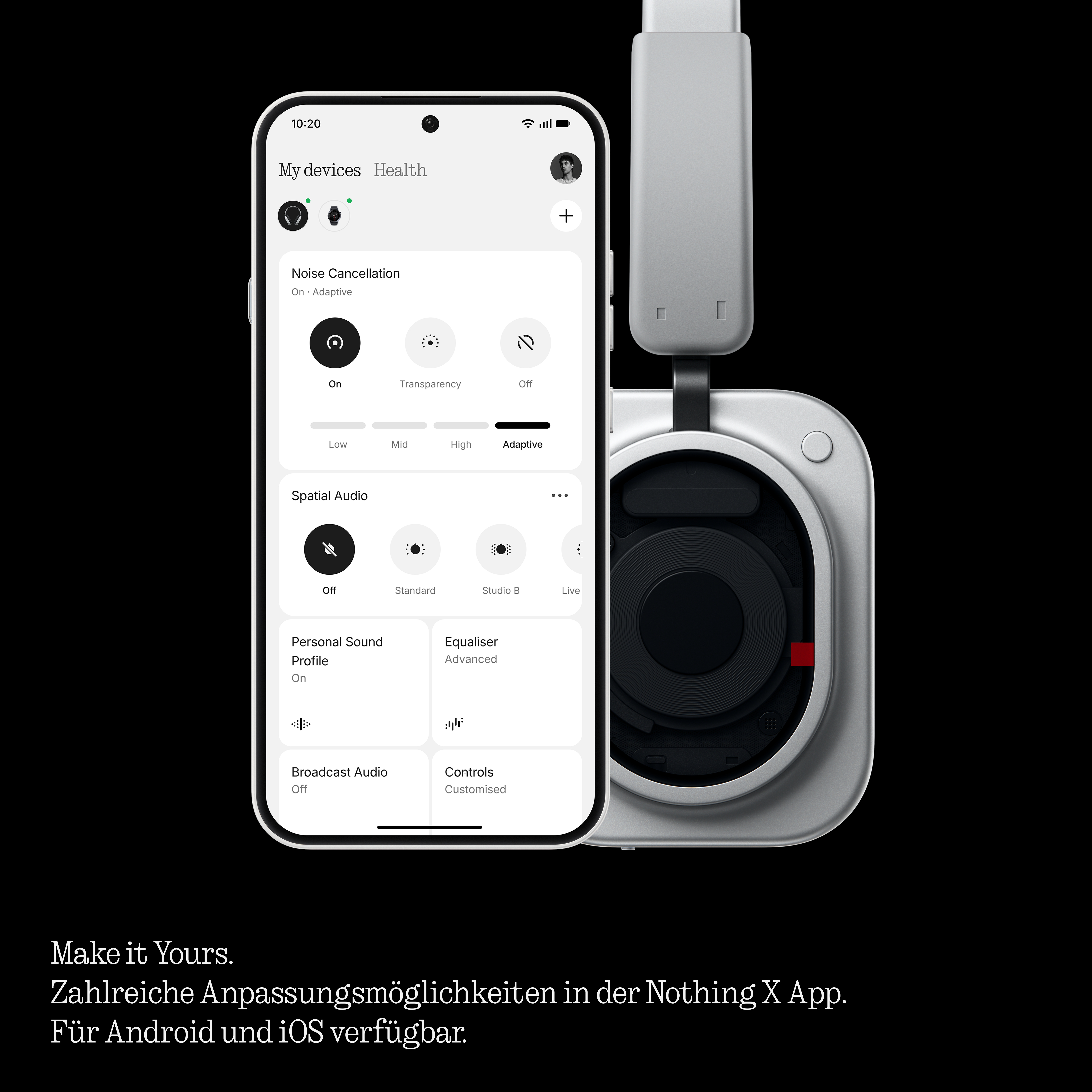 Smartphone mit der Nothing X App zeigt Kopfhörereinstellungen neben silbernen Kopfhörern.