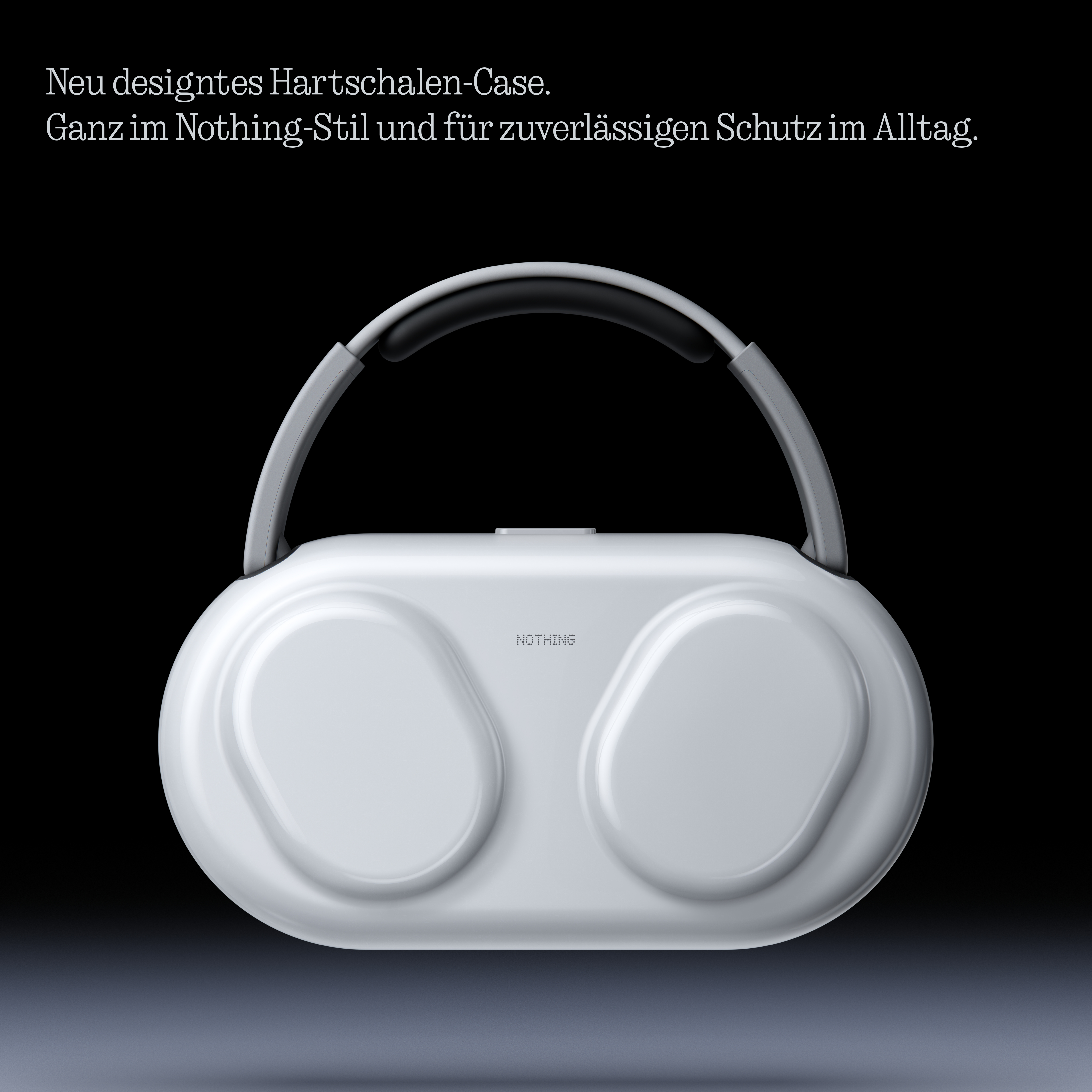 Neu designtes Hartschalen-Case im Nothing-Stil für Kopfhörer auf schwarzem Hintergrund.
