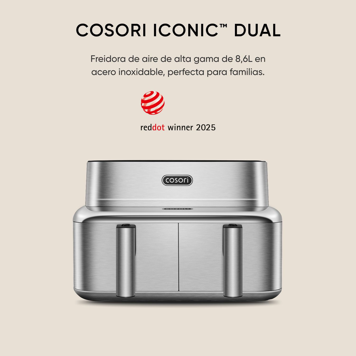Freidora de aire de doble cesta en acero inoxidable, Cosori Iconic Dual, ganadora del premio Red Dot 2025.