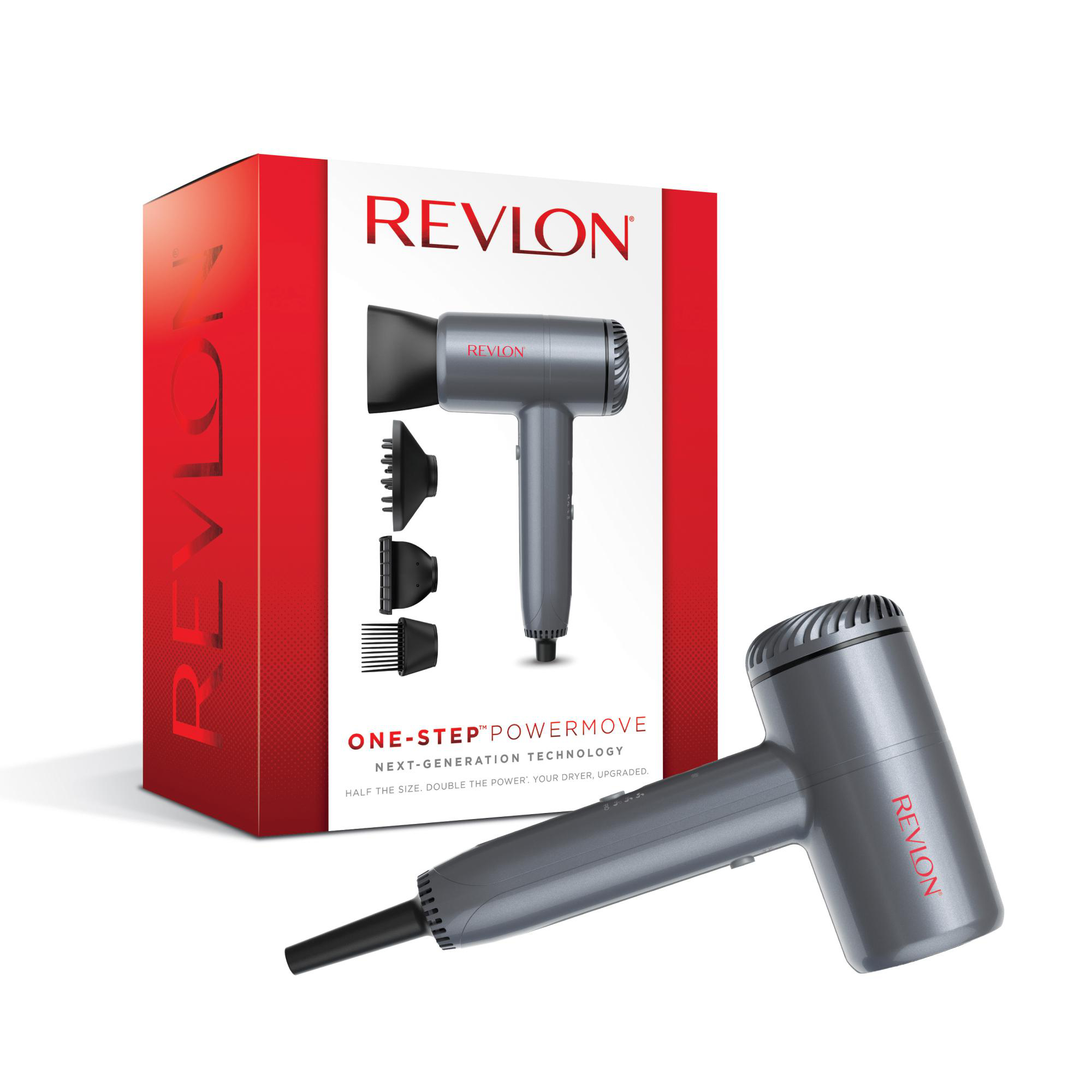 Ein grauer Revlon Haartrockner liegt vor seiner rot-weißen Verpackung mit Zubehör.