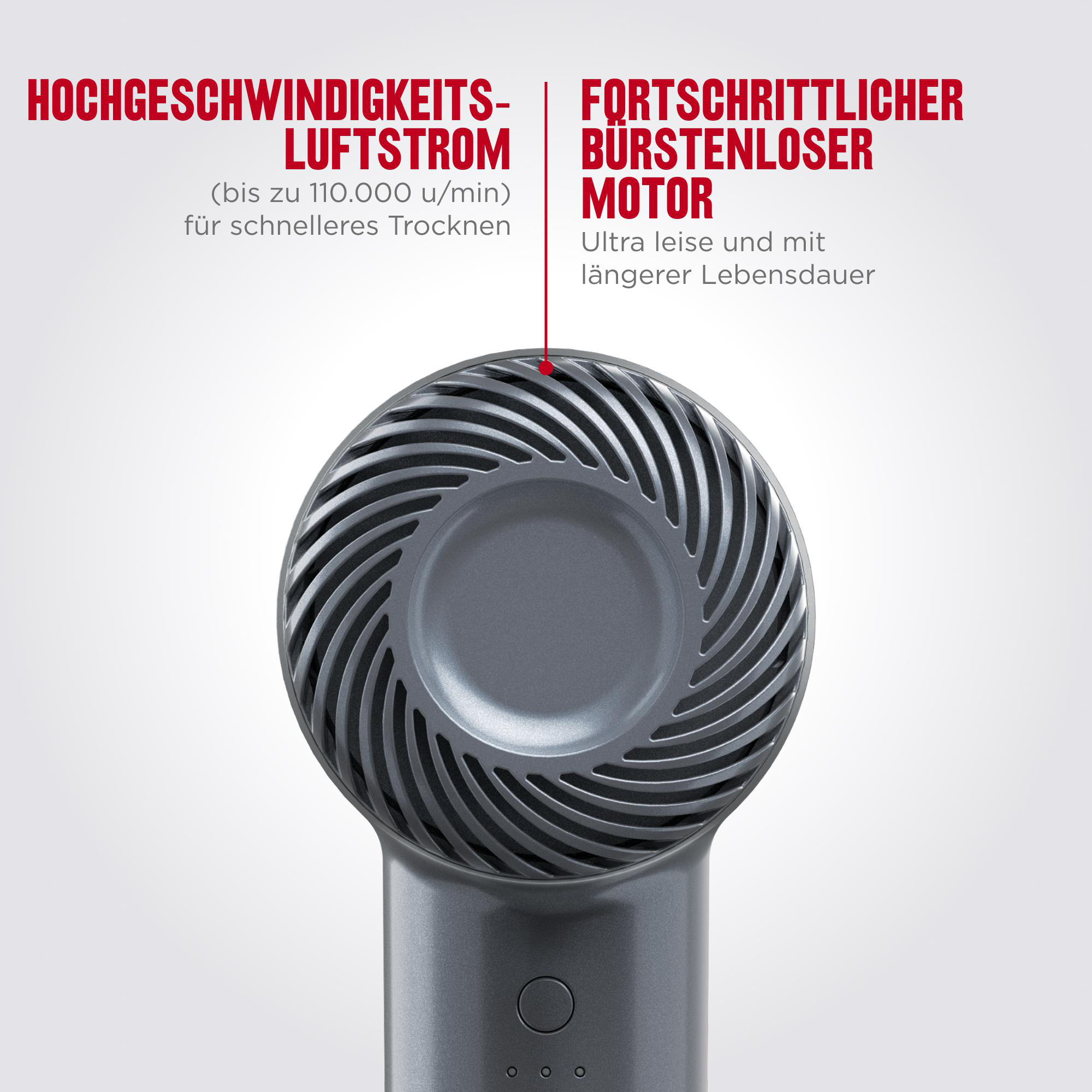 Grauer Haartrockner mit Spiralgitter und deutscher Produktbeschreibung auf weißem Hintergrund.