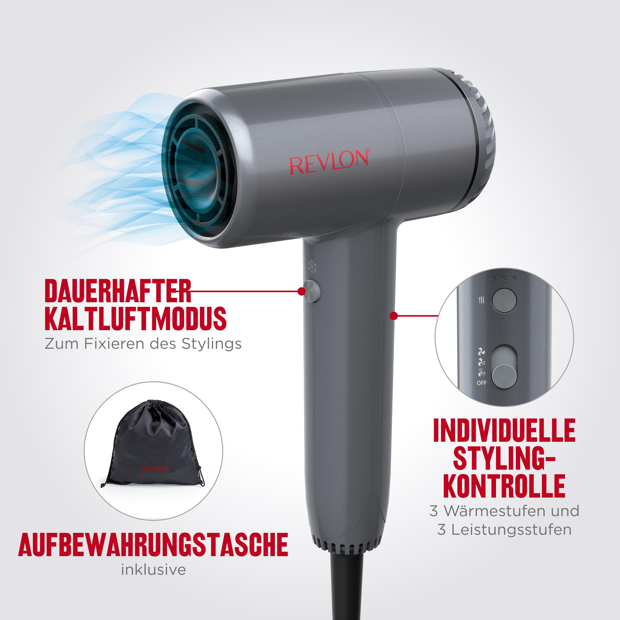 Grauer Revlon Haartrockner mit Aufbewahrungstasche, Kaltluftmodus und Styling-Kontrolle.