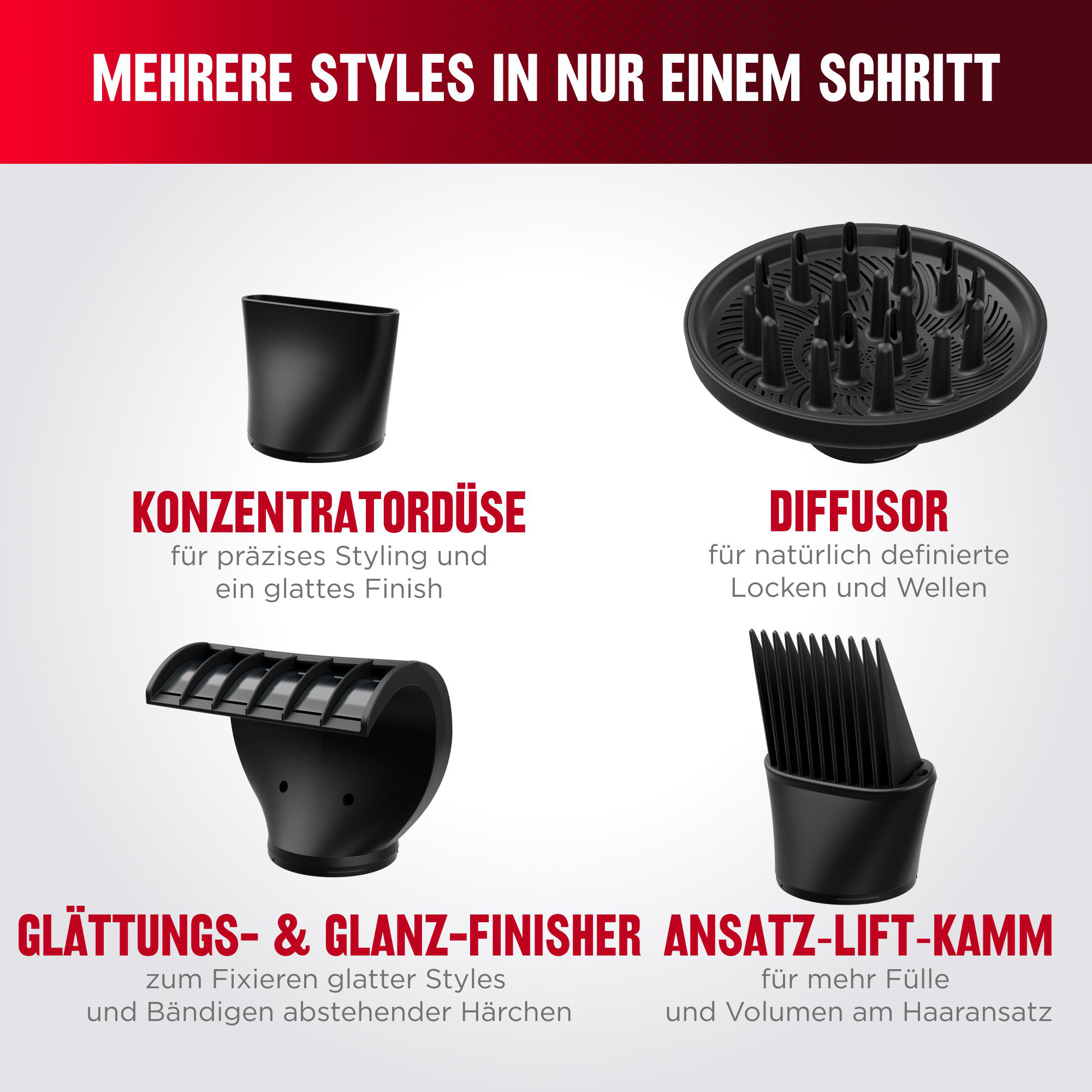 Vier verschiedene schwarze Haartrockneraufsätze mit deutschen Beschriftungen auf hellem Hintergrund.