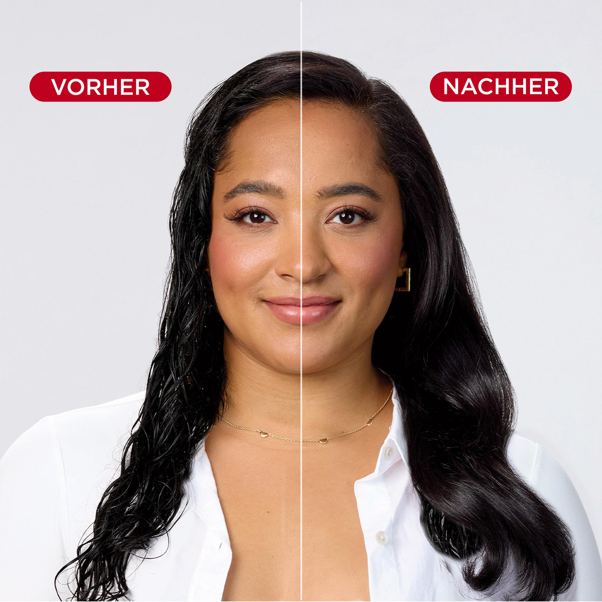 Vorher-Nachher-Vergleich der Haare einer Frau mit nassem und trockenem Styling vor weißem Hintergrund.