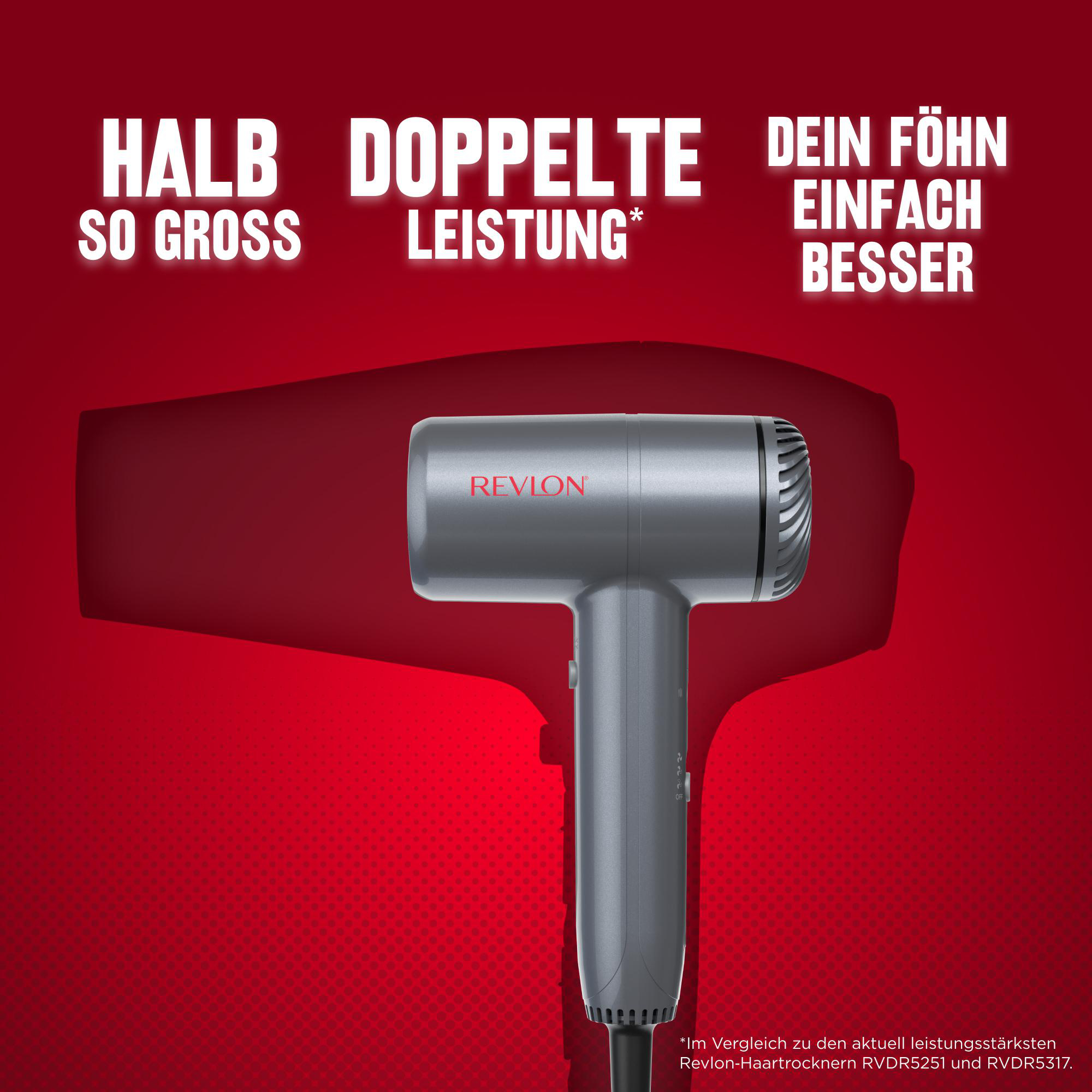 Ein grauer Revlon Föhn vor rotem Hintergrund mit weißem Text.