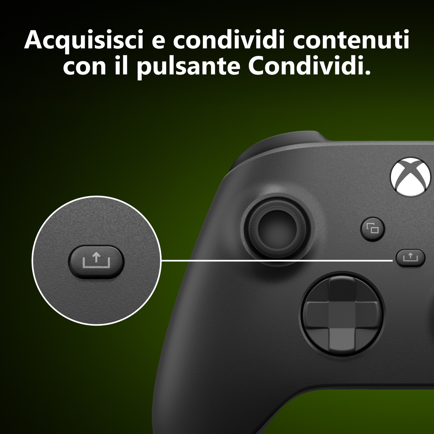 Un controller Xbox con il pulsante Condividi in primo piano.