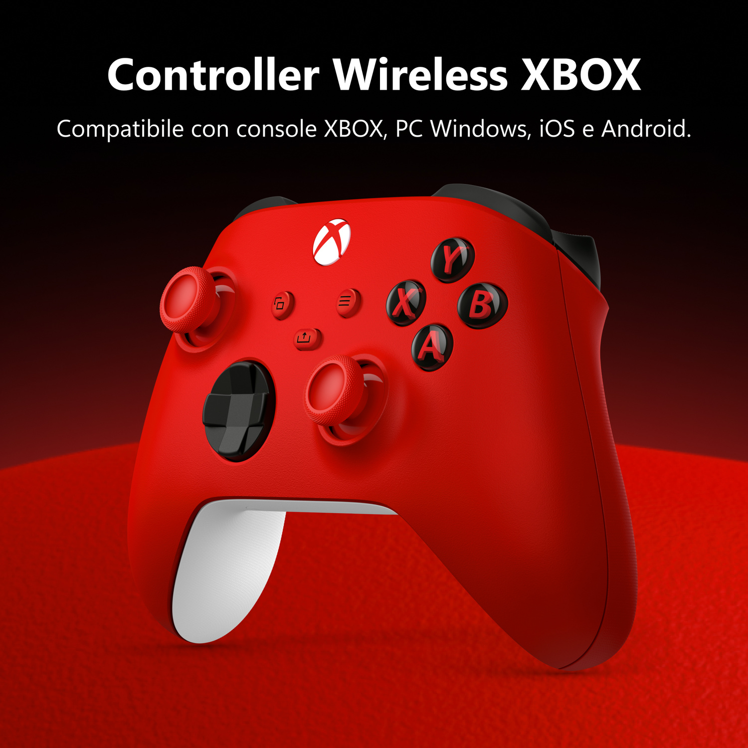 Controller wireless Xbox rosso su sfondo rosso con testo sopra.