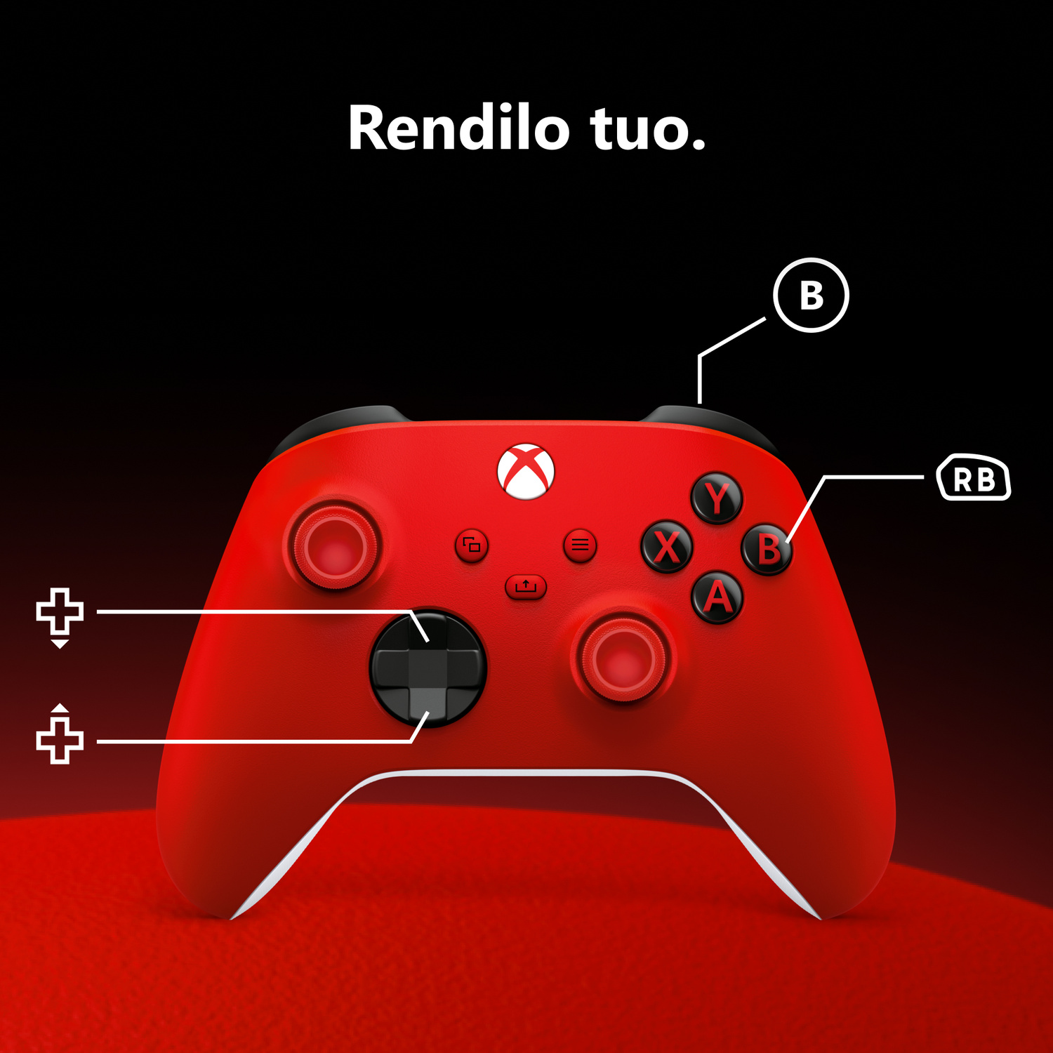 Controller Xbox rosso con pulsanti etichettati su superficie rossa e testo sopra.