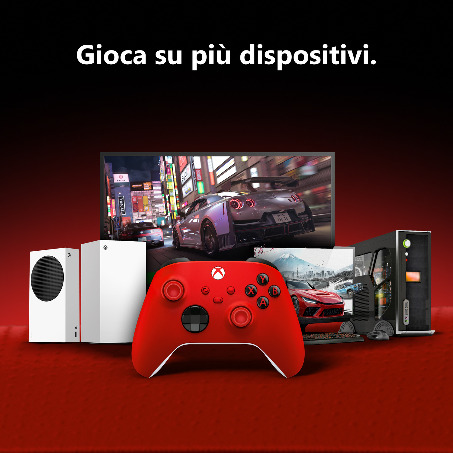 Un controller Xbox rosso davanti a TV, console bianca e PC da gioco su superficie rossa, con testo.