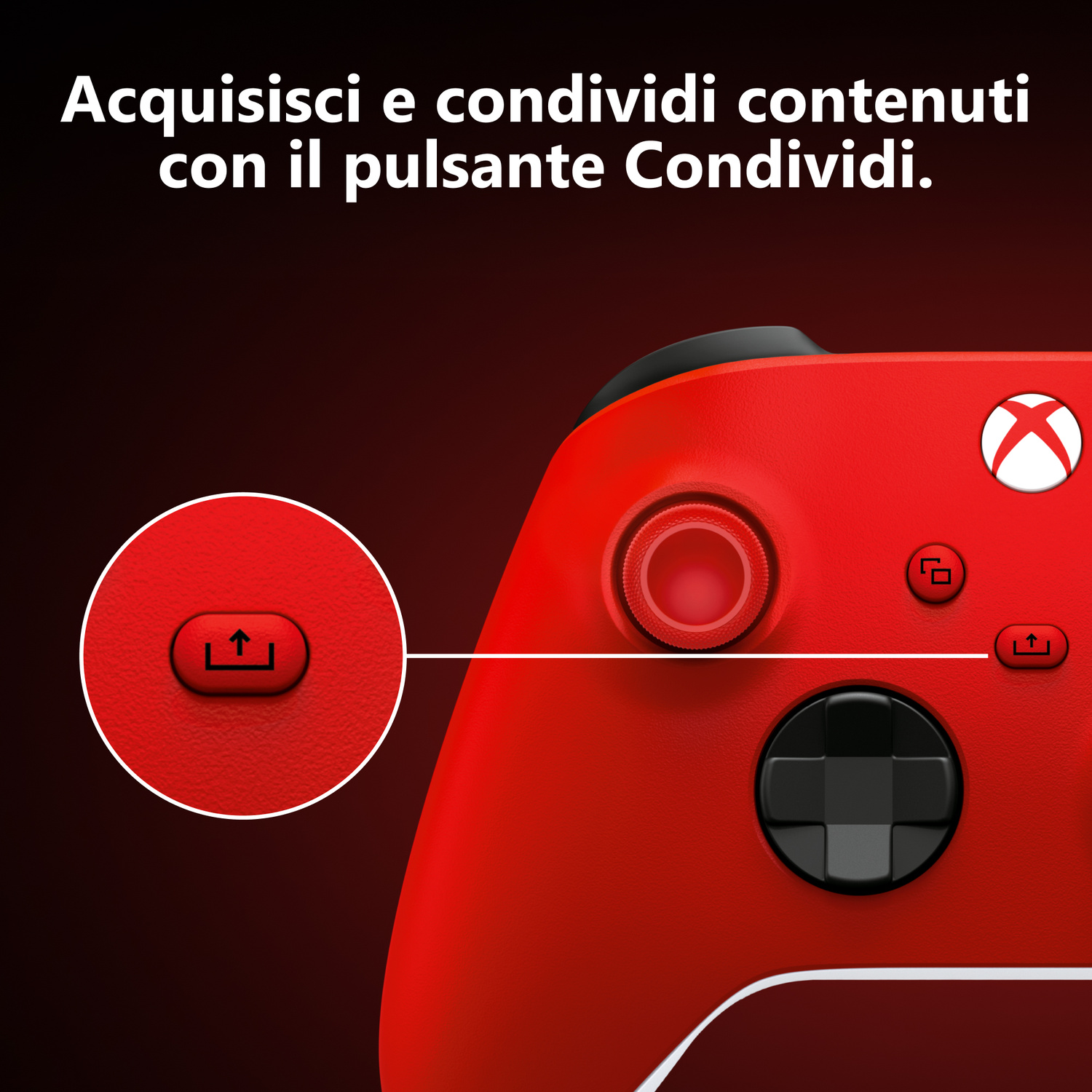 Primo piano di un controller Xbox rosso che evidenzia il pulsante Condividi.