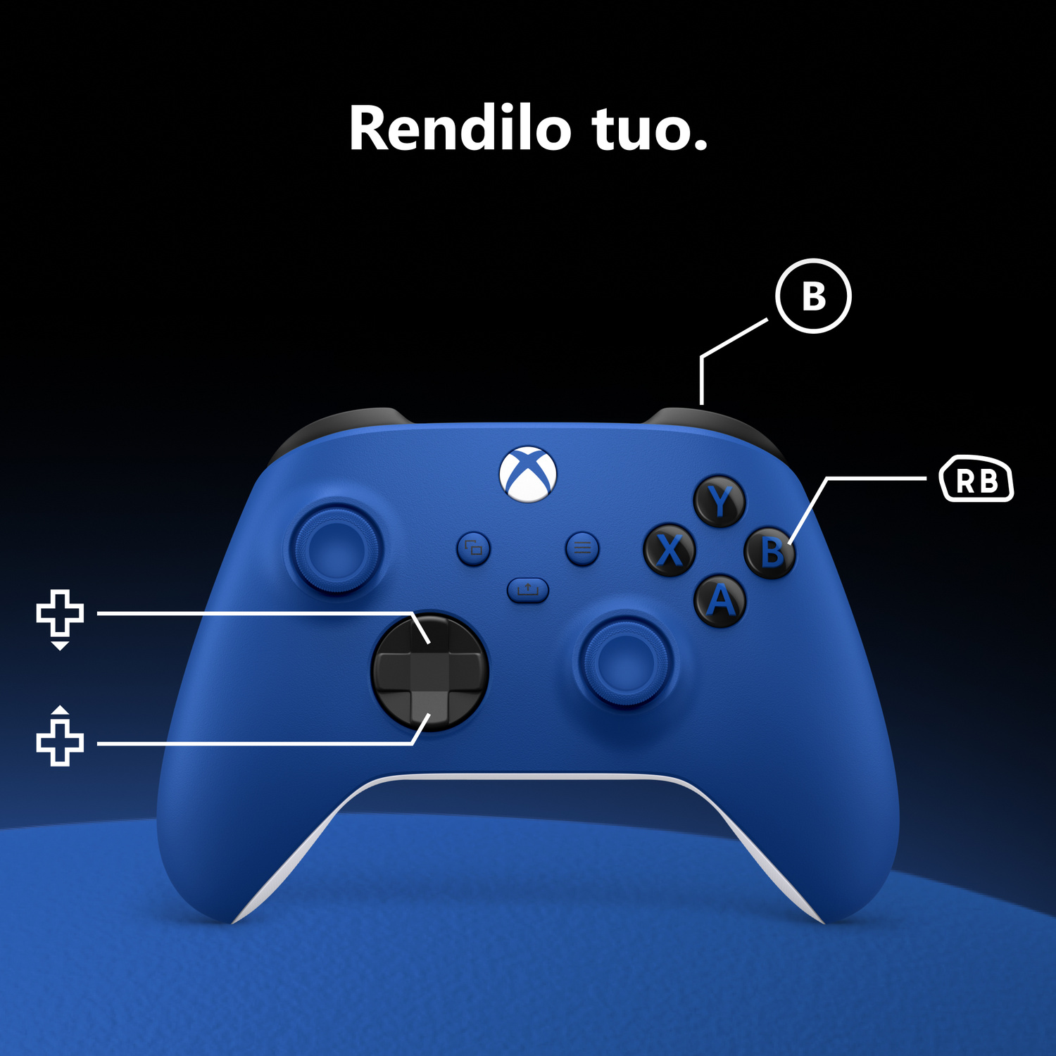 Un controller Xbox blu con pulsanti etichettati su una superficie blu.