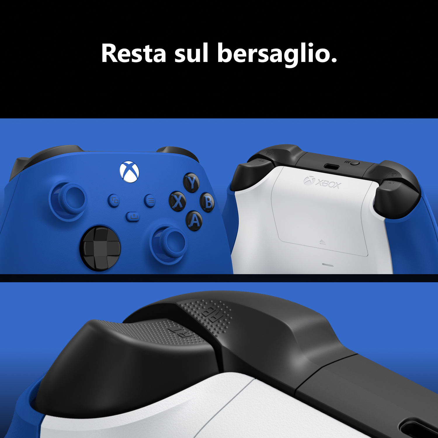 Controller Xbox blu e bianco mostrato da varie angolazioni con testo sopra.