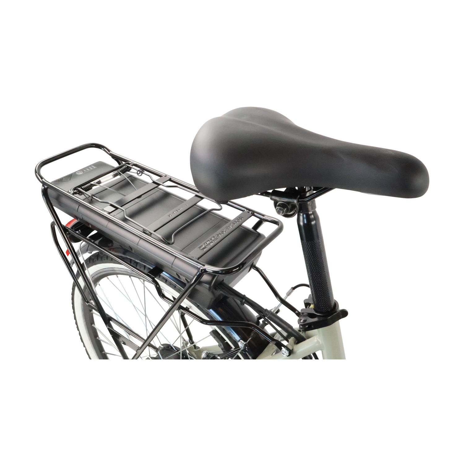 Parte posteriore di una bicicletta con sella nera, portapacchi e batteria integrata sopra la ruota.