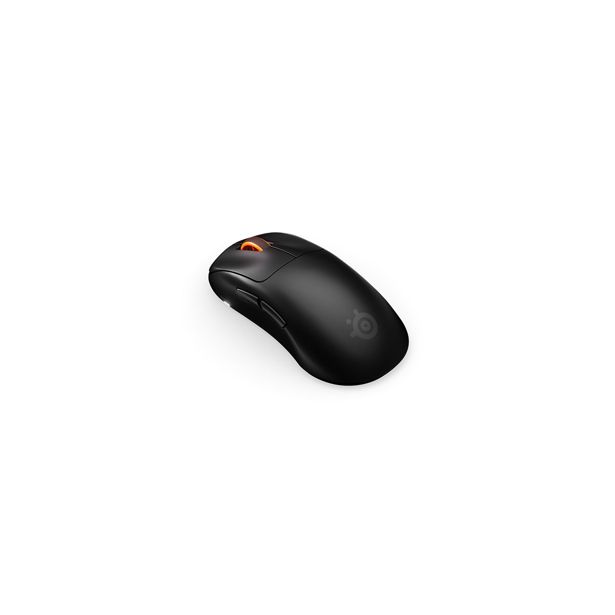Beyaz arka planda turuncu kaydırma tekerleği ve yan tuşları olan siyah kablosuz oyuncu mouse'u.