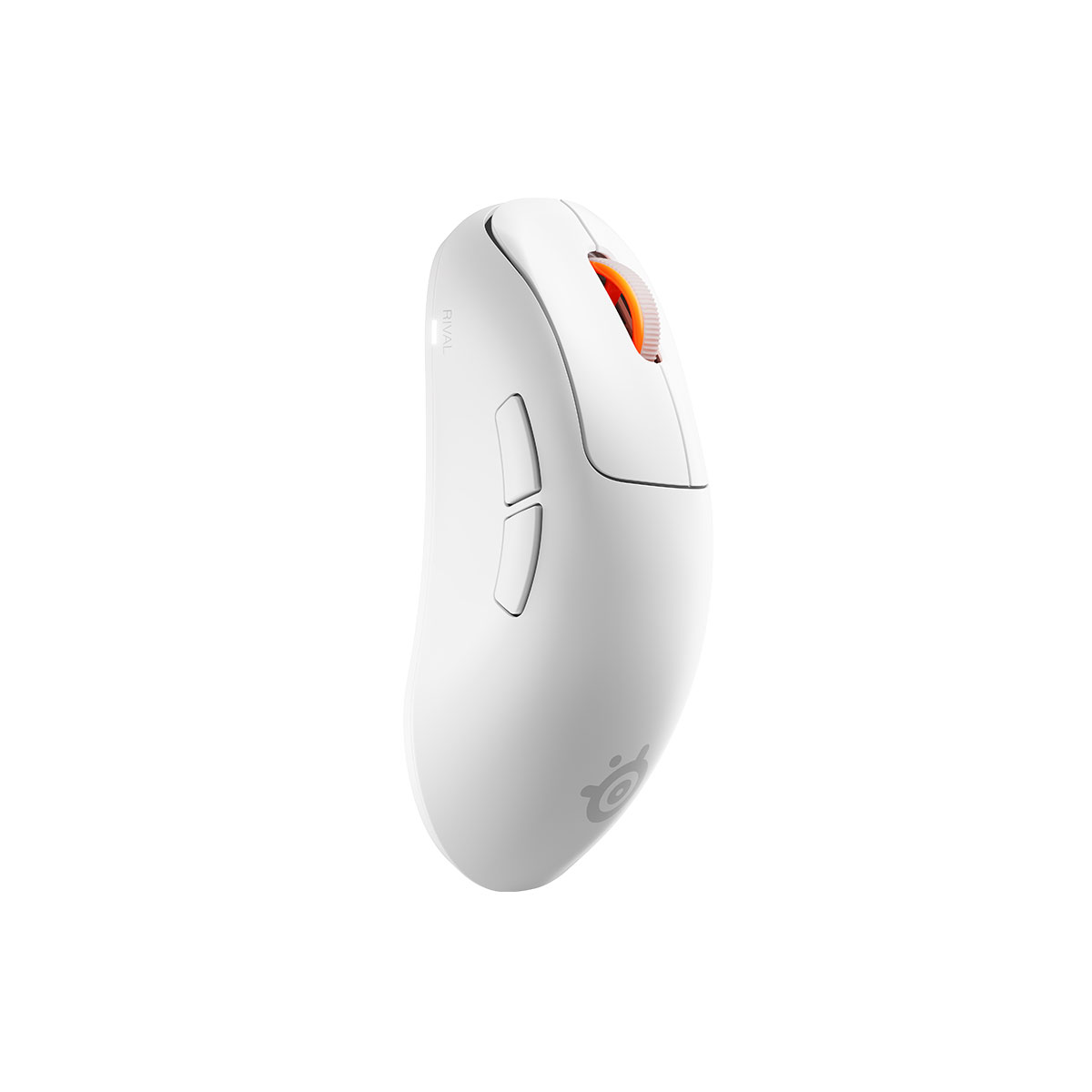Beyaz arkaplanda iki baş parmak tuşuna ve turuncu kaydırma tekerleğine sahip beyaz kablosuz oyuncu mouse'u.