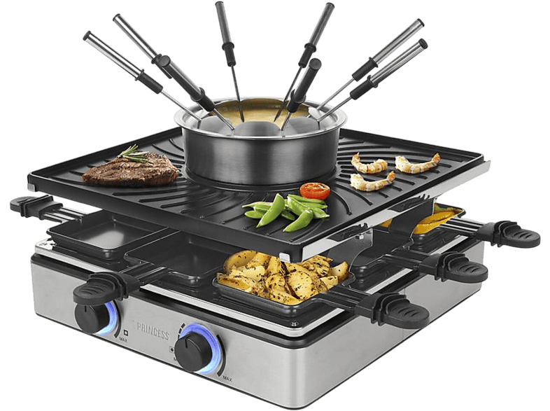 Princess 01.162670.01.001 Raclette und Fondue (in Silber, für 8 Personen, 1800 Watt)