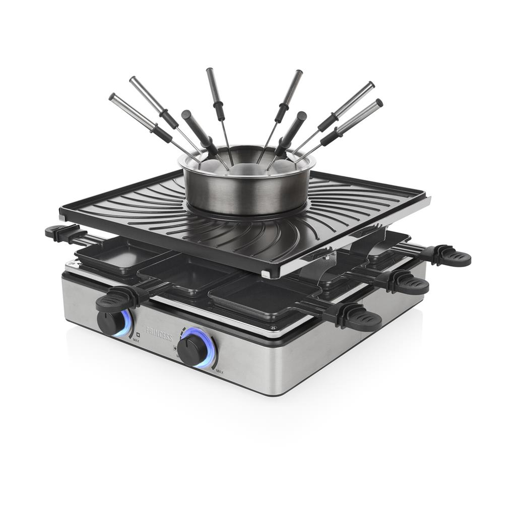 Ein rechteckiger Raclette-Grill mit Edelstahl-Basis, Grillplatte, kleinen Pfännchen und einem Fondue-Topf obenauf.