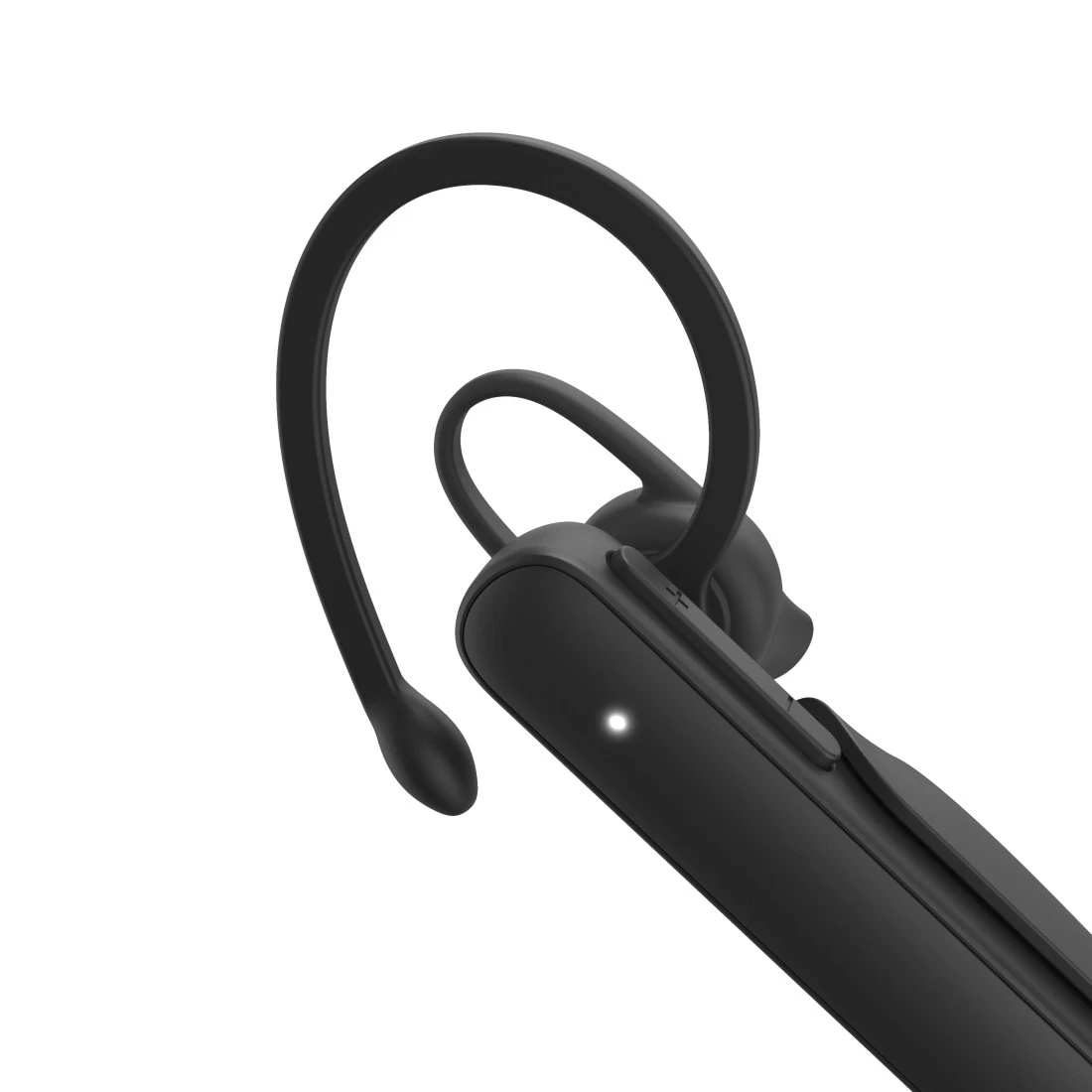 Czarny zestaw słuchawkowy Bluetooth z zaczepem na ucho i świecącą diodą na białym tle.