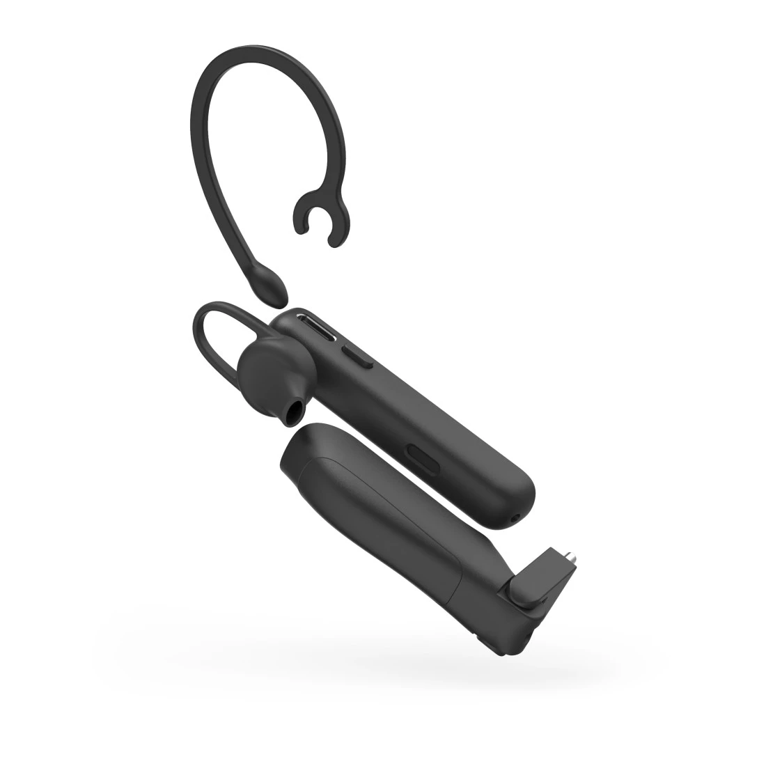 Czarny zestaw słuchawkowy Bluetooth z zaczepem na ucho i odłączaną baterią na białym tle.