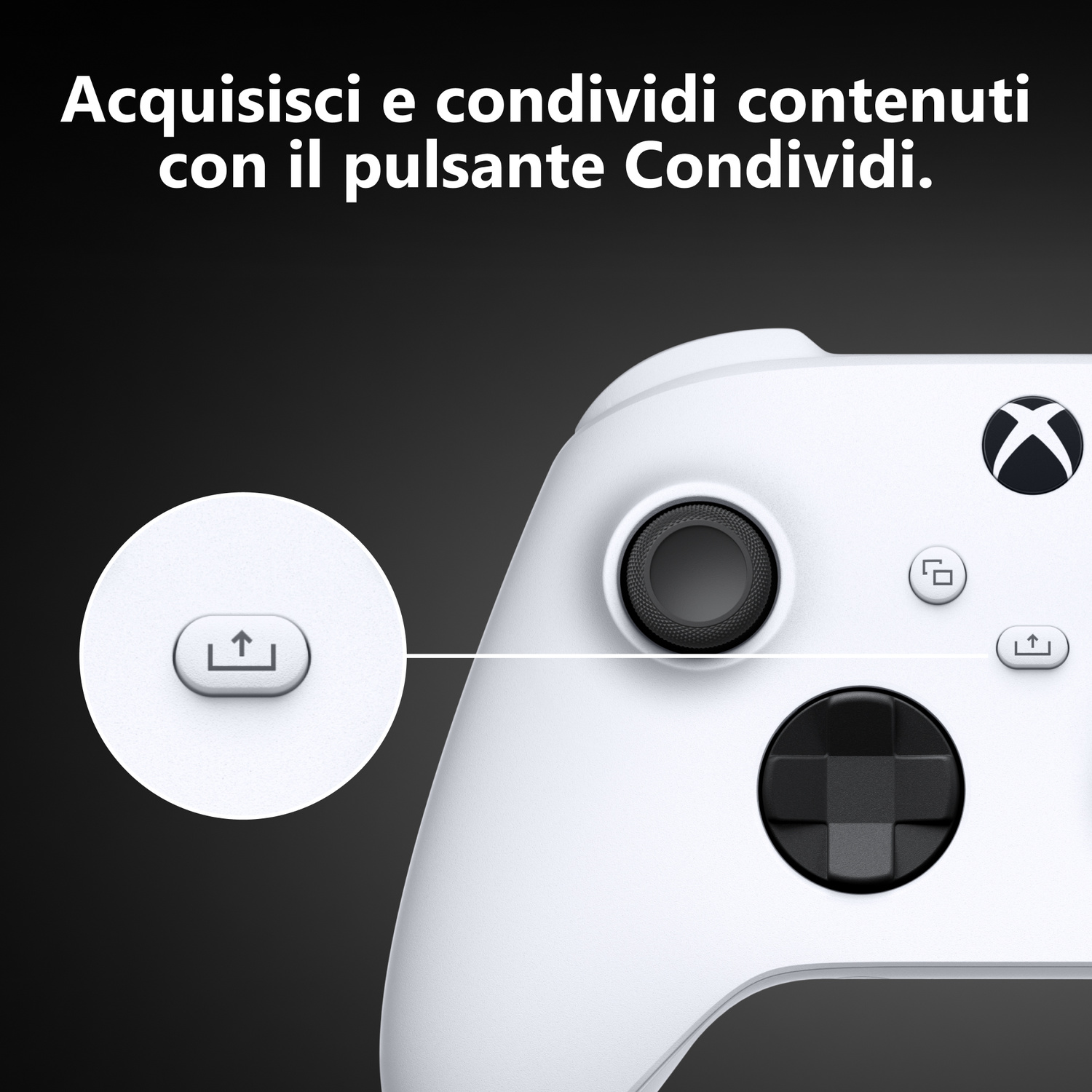 Un controller Xbox bianco con ingrandimento del pulsante di condivisione.
