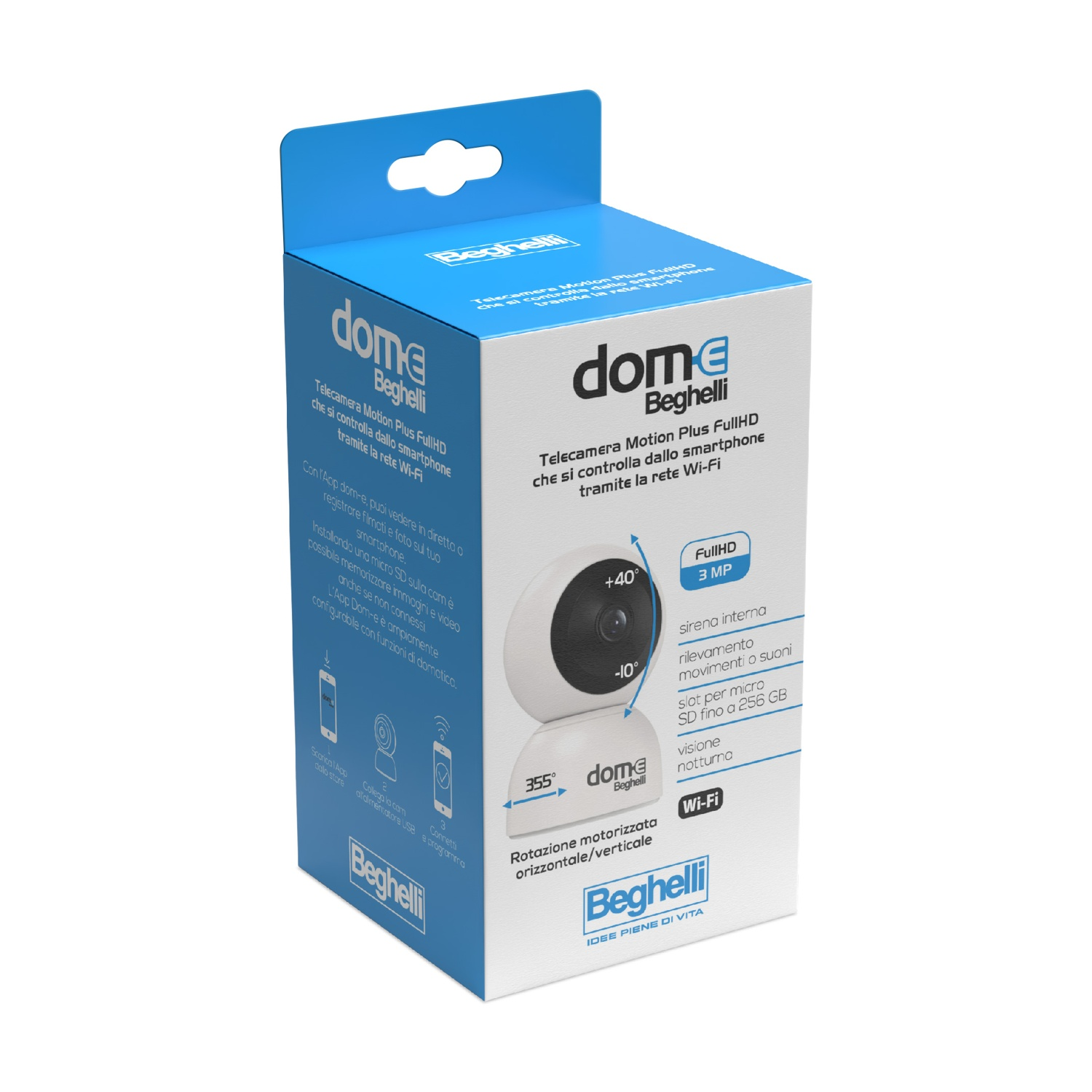 Una scatola di cartone blu e bianca per telecamera Wi-Fi Beghelli Dome, con dettagli e immagini del prodotto.