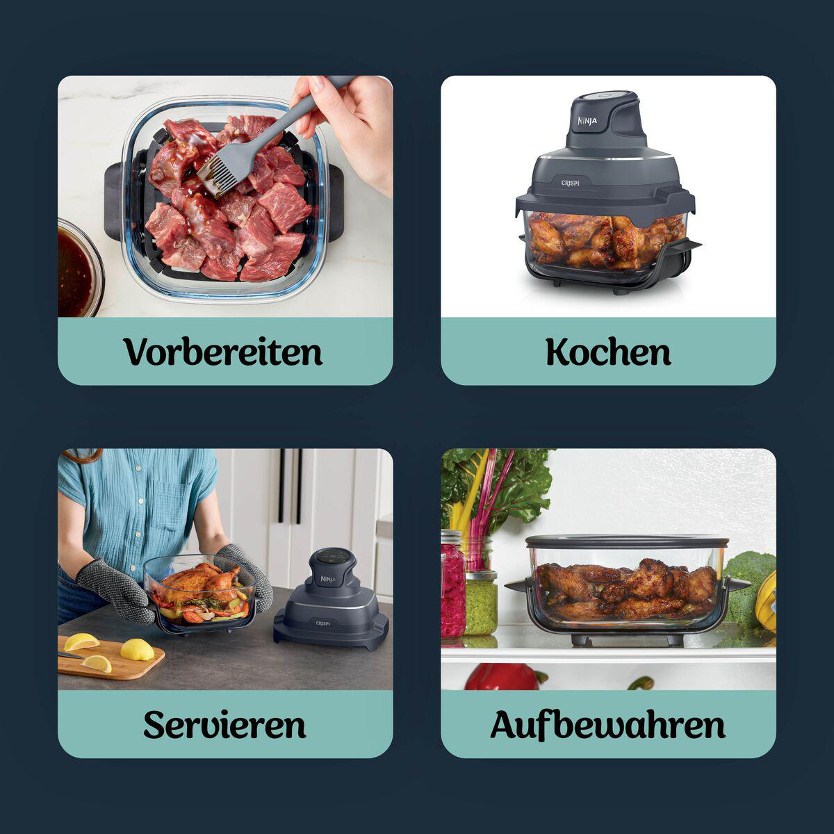 Vier Felder zeigen Essenszubereitung, Kochen in einem Ninja-Gerät, Servieren und Aufbewahren.