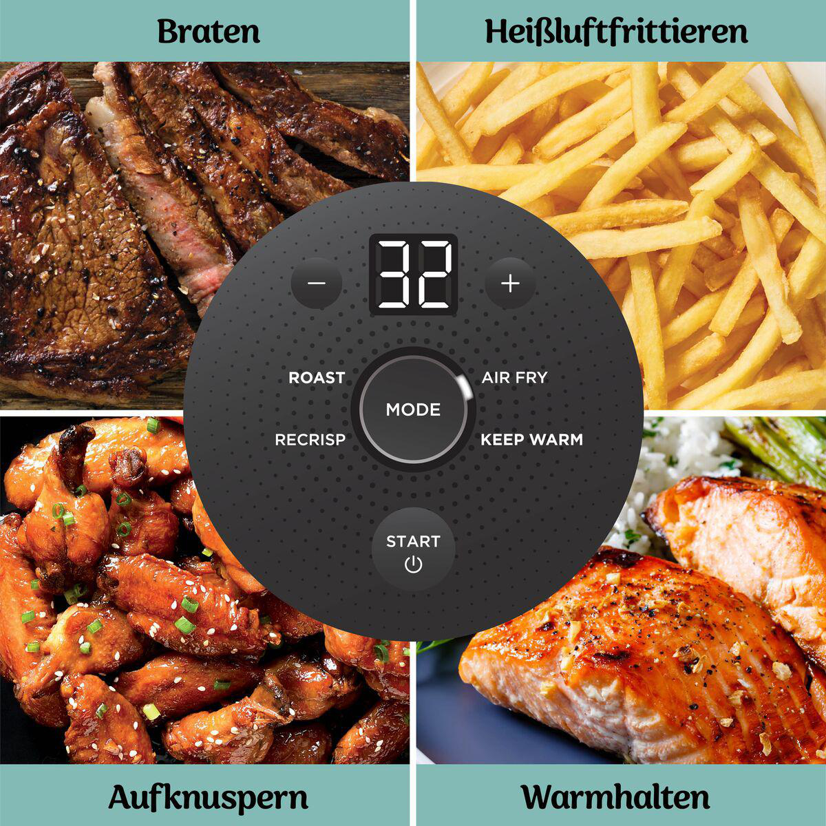 Ein digitales Bedienfeld umgibt vier Essensfotos mit den Modi Braten, Frittieren, Aufknuspern und Warmhalten.
