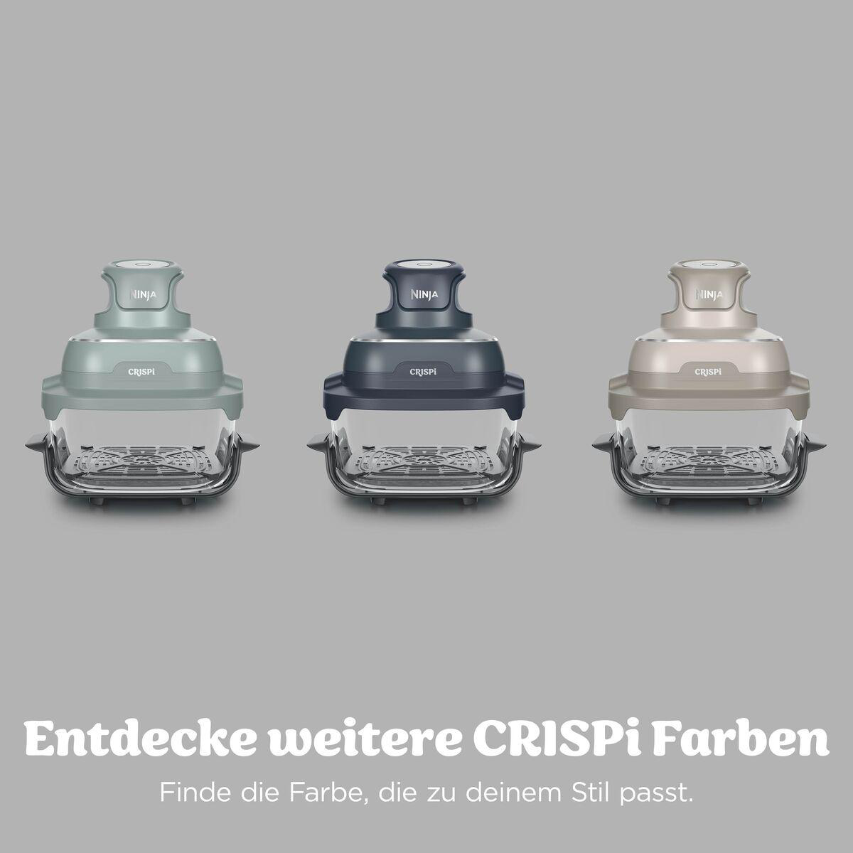 Drei Ninja Crispi Geräte in Mint, Dunkelblau und Beige stehen auf grauerem Hintergrund mit deutschem Werbetext.