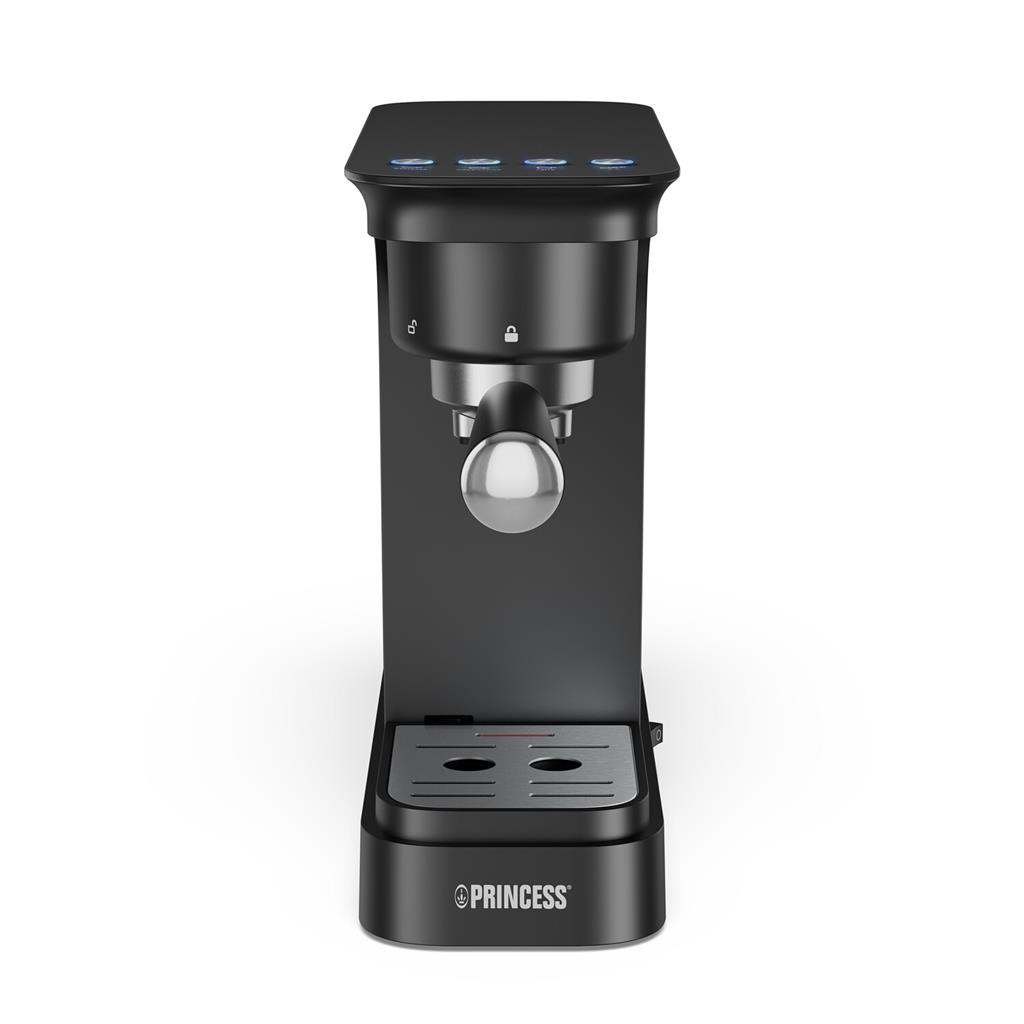 Eine schwarze Princess-Kaffeemaschine mit silbernem Hebel und Abtropfschale vor weißem Hintergrund.